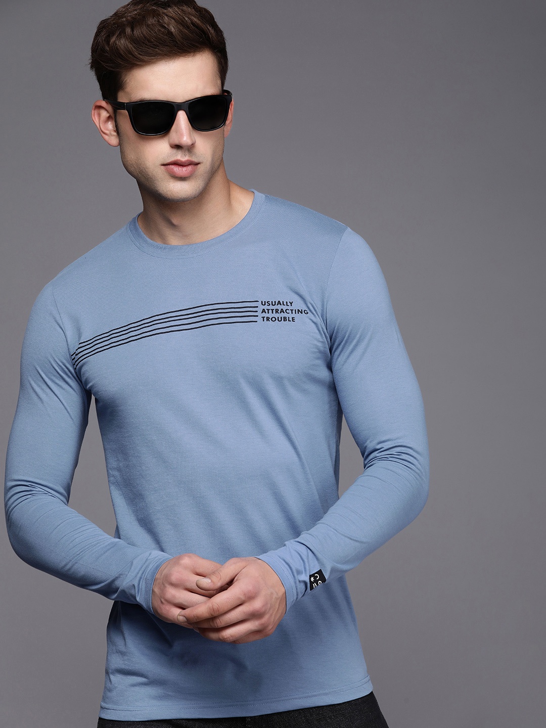 

WROGN Round neck Slim Fit Striped T-shirt, Blue