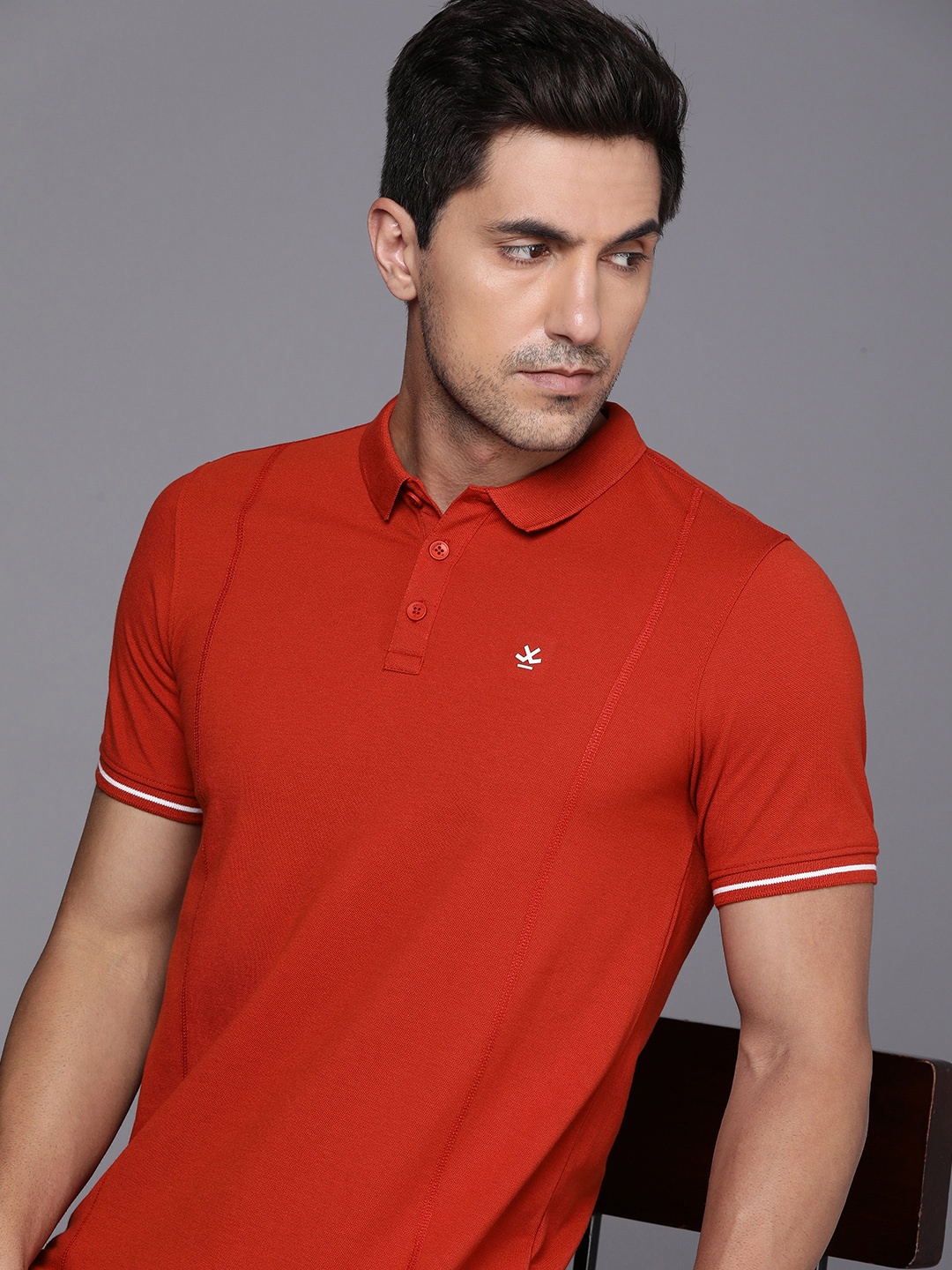 

WROGN Men Solid Polo Collar Knitted T-shirt, Rust