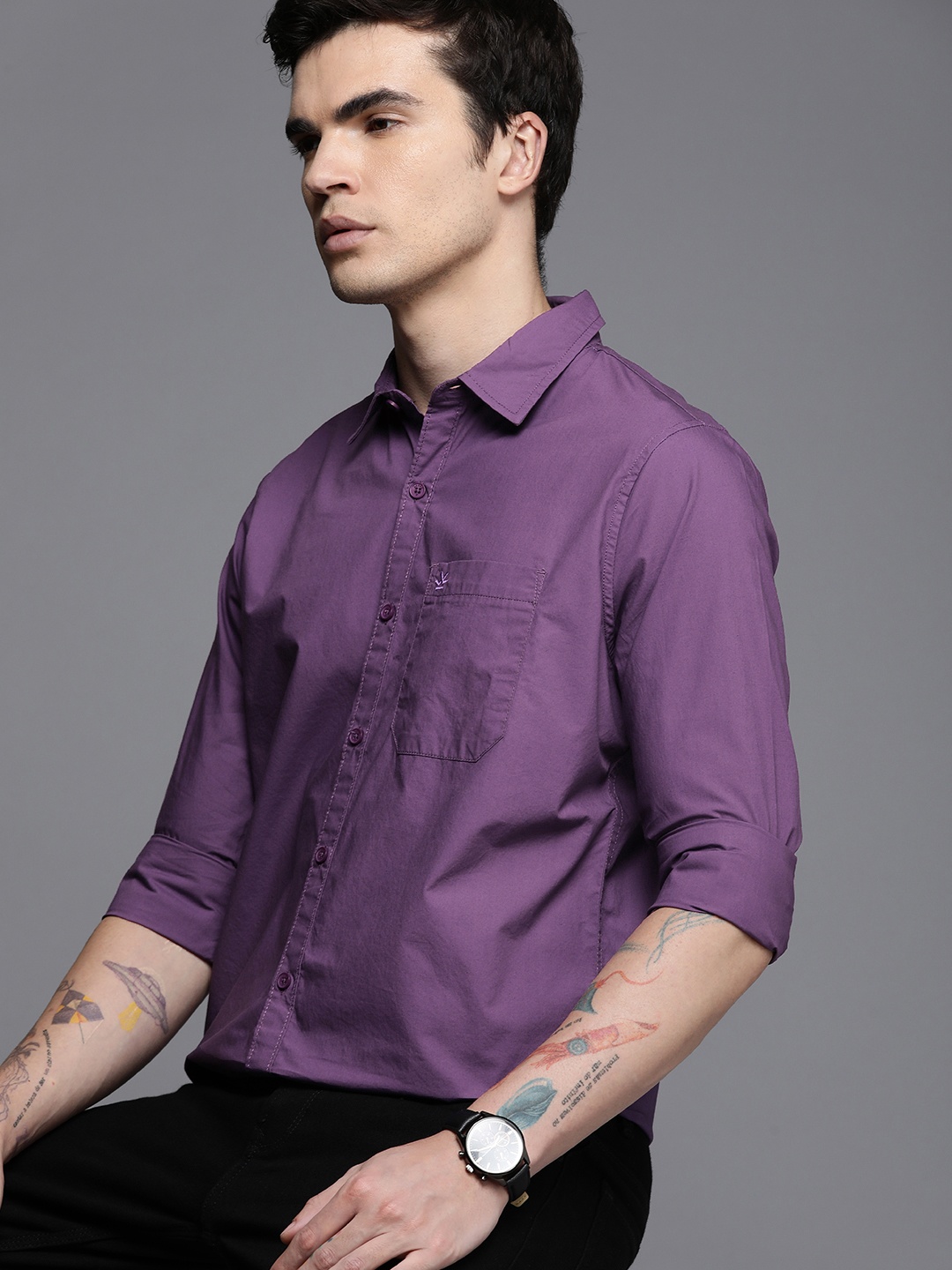 

WROGN Men Pure Cotton Slim Fit Opaque Casual Shirt, Purple