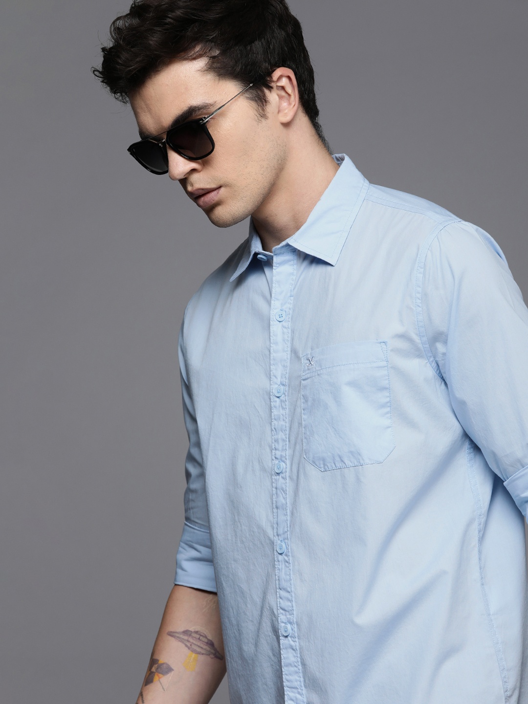 

WROGN Men Pure Cotton Slim Fit Opaque Casual Shirt, Blue