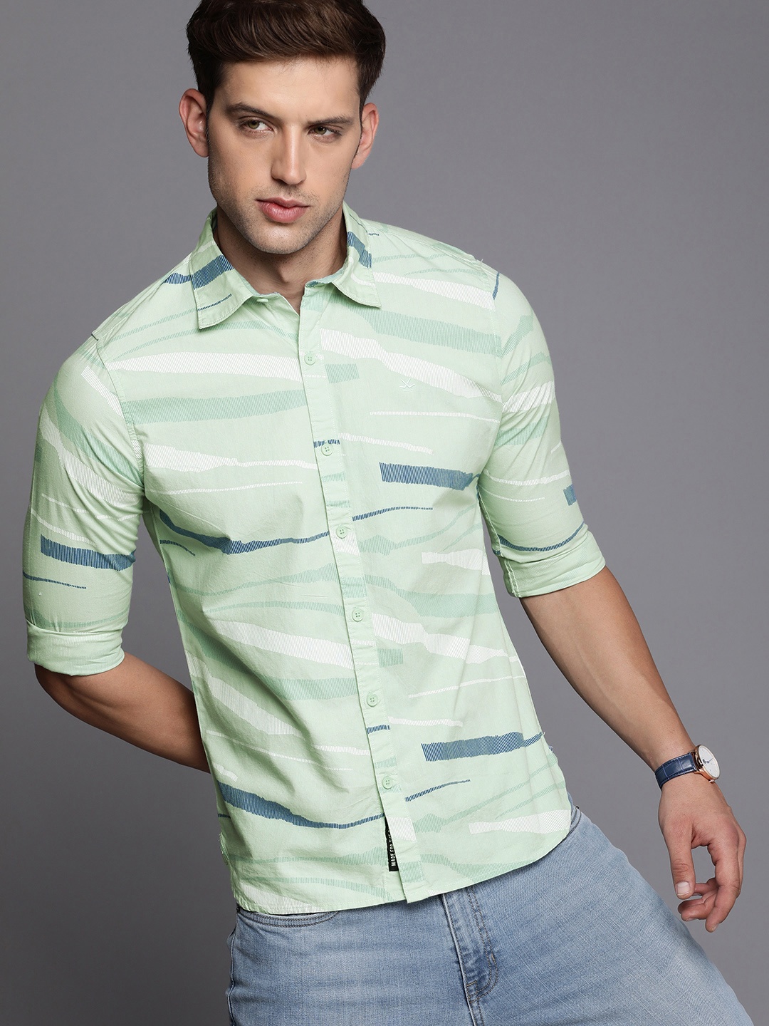 

WROGN Slim Fit Geometric Printed Pure Cotton Casual Shirt, Green