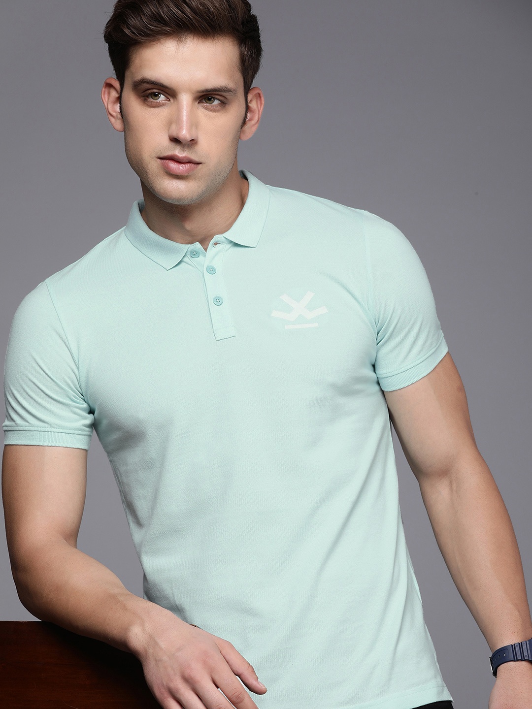 

WROGN Men Solid Polo Collar Knitted Slim Fit T-shirt With Brand Logo Embroidered Detail, Green