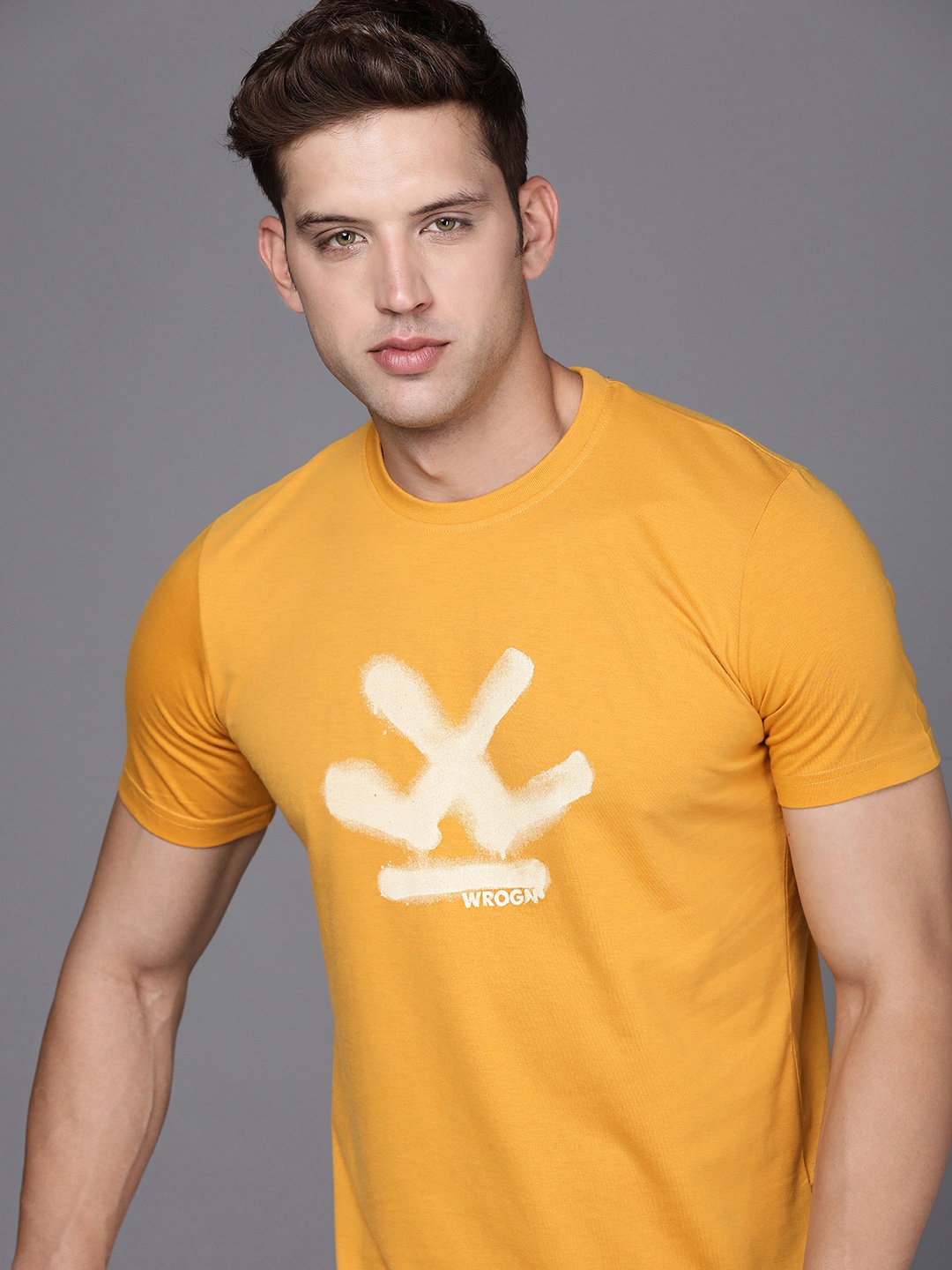 

WROGN Round Neck Brand Logo Printed Slim Fit T-shirt, Mustard