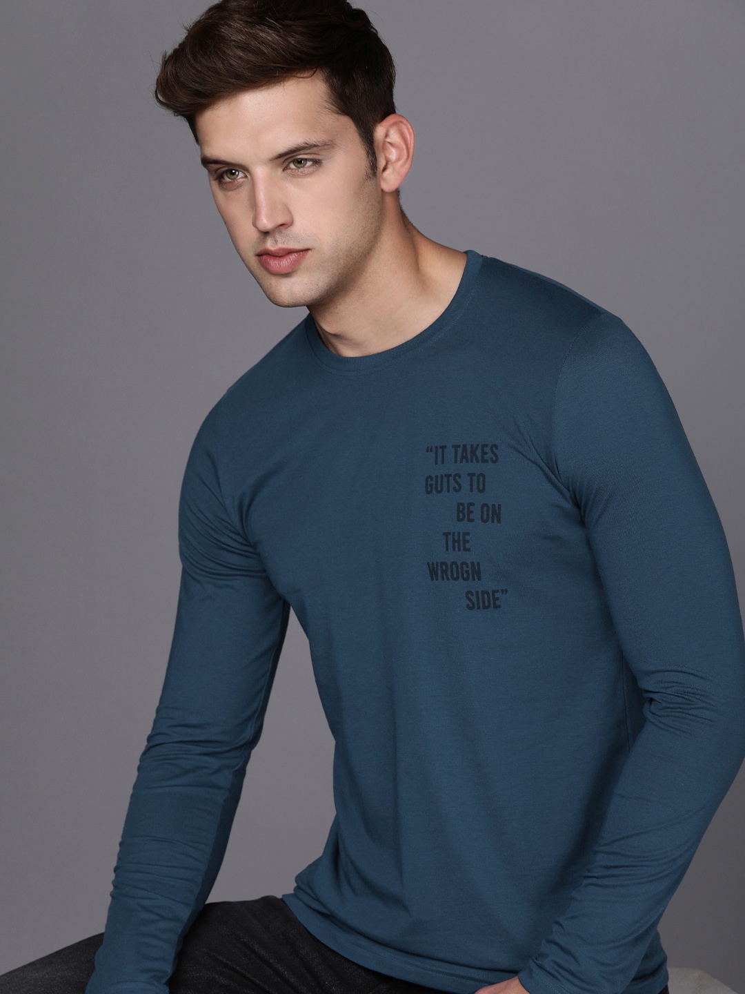 

WROGN Round Neck Slim Fit Typography Printed T-shirt, Blue