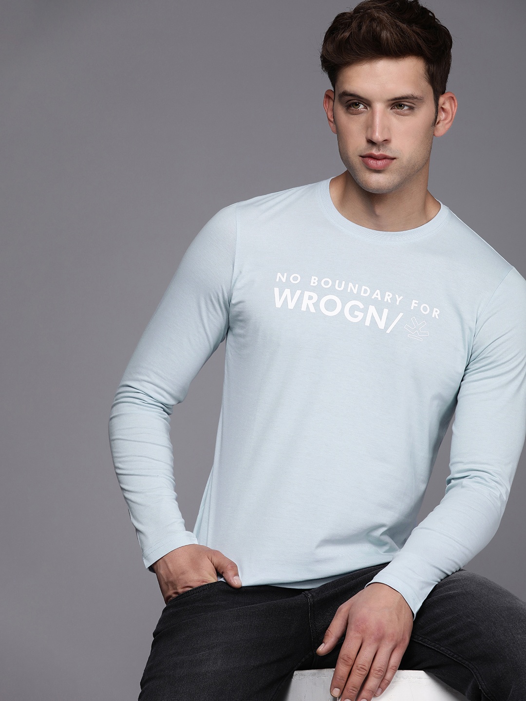 

WROGN Slim Fit Brand Logo Printed T-shirt, Blue