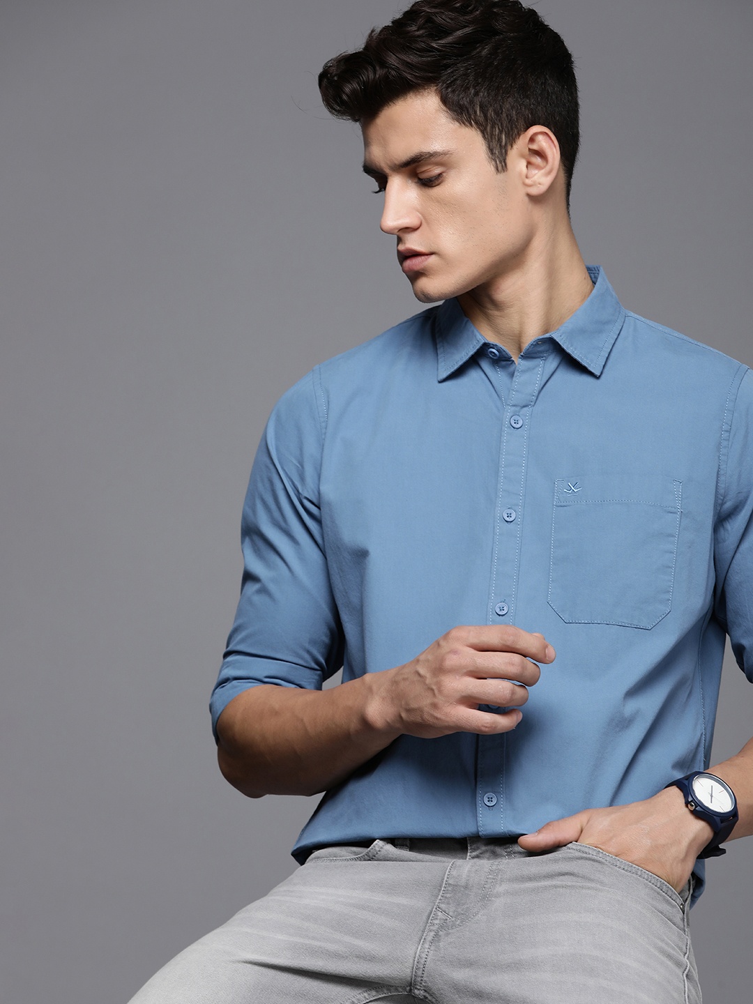 

WROGN Men Pure Cotton Slim Fit Opaque Casual Shirt, Blue