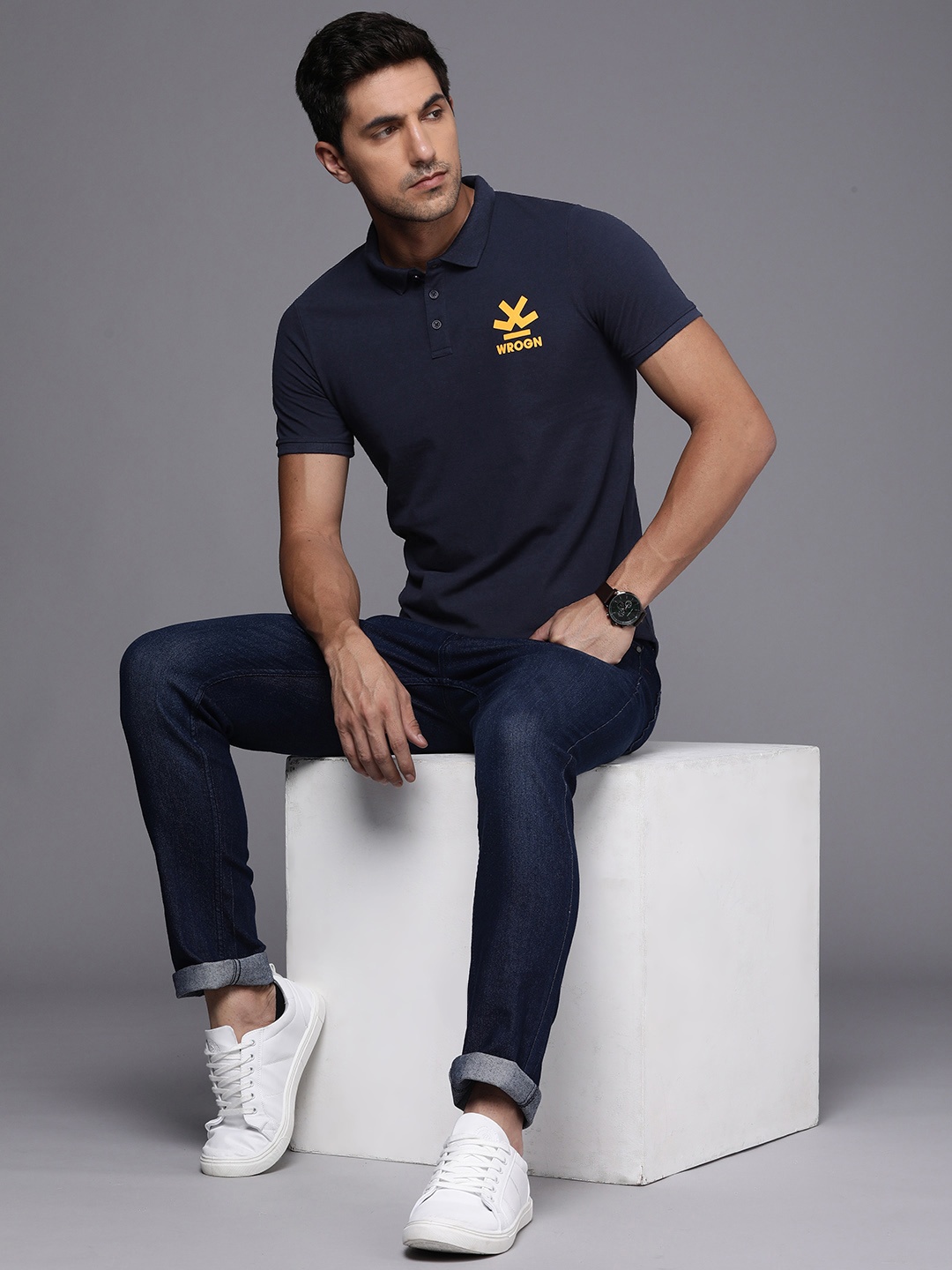 

WROGN Men Polo Collar Slim Fit T-shirt With Brand Logo Detail, Navy blue