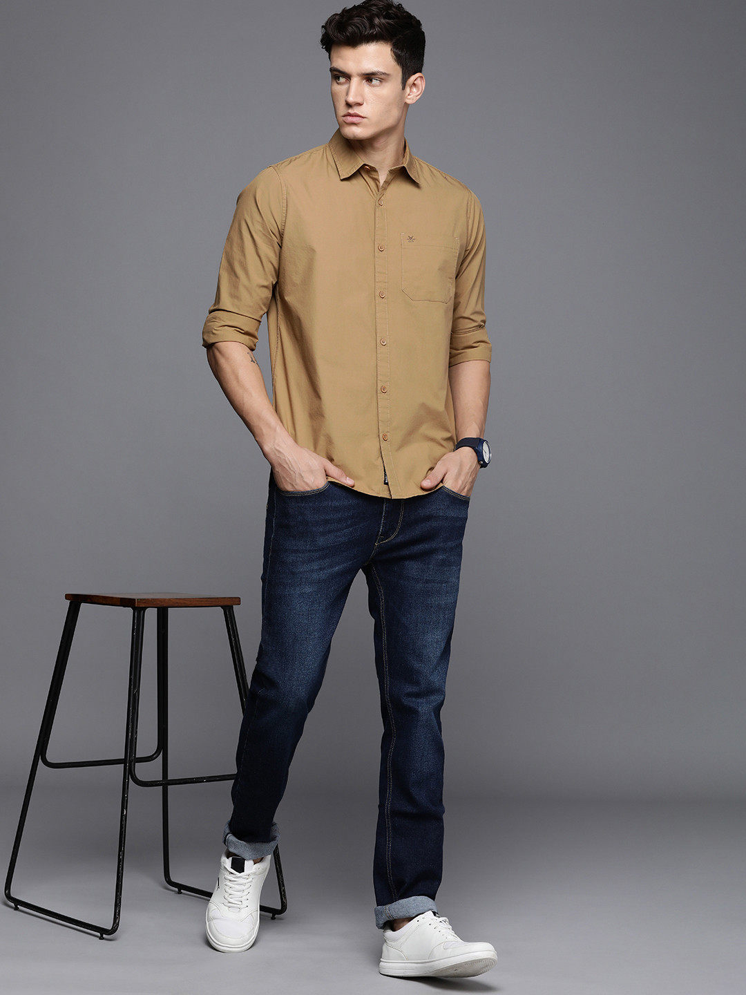 

WROGN Men Pure Cotton Slim Fit Opaque Casual Shirt, Khaki
