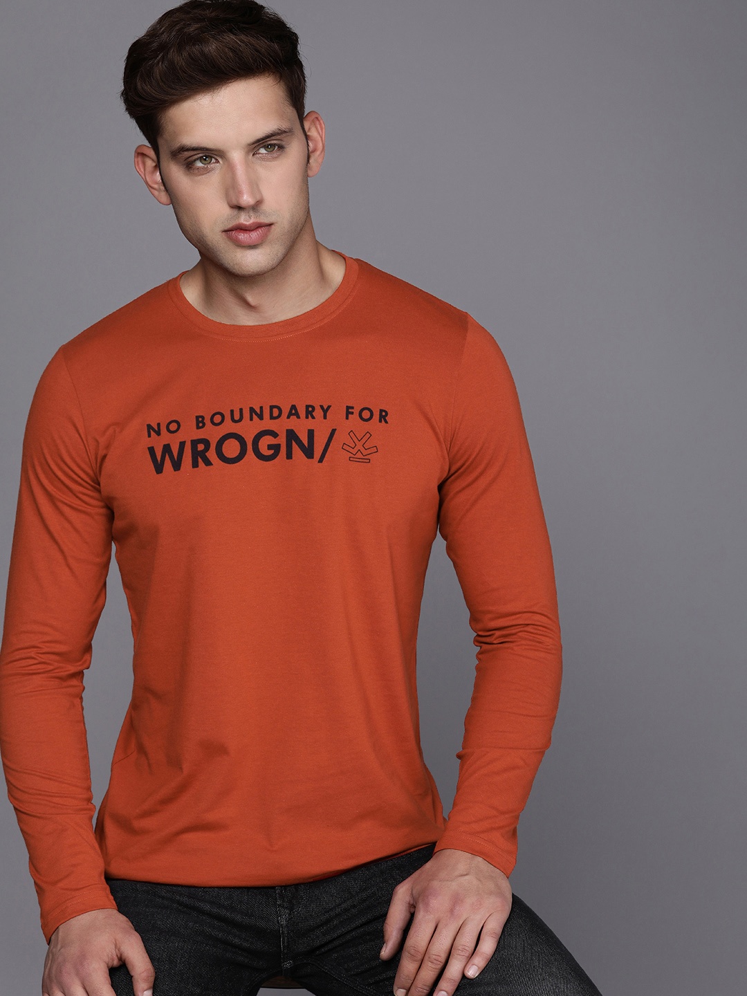 

WROGN Round Neck Slim Fit Brand Logo Printed T-shirt, Rust