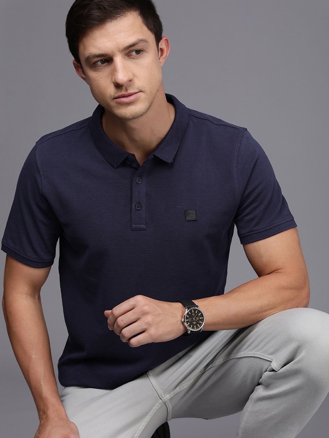 

WROGN Men Polo Collar Pure Cotton Slim Fit T-shirt, Navy blue
