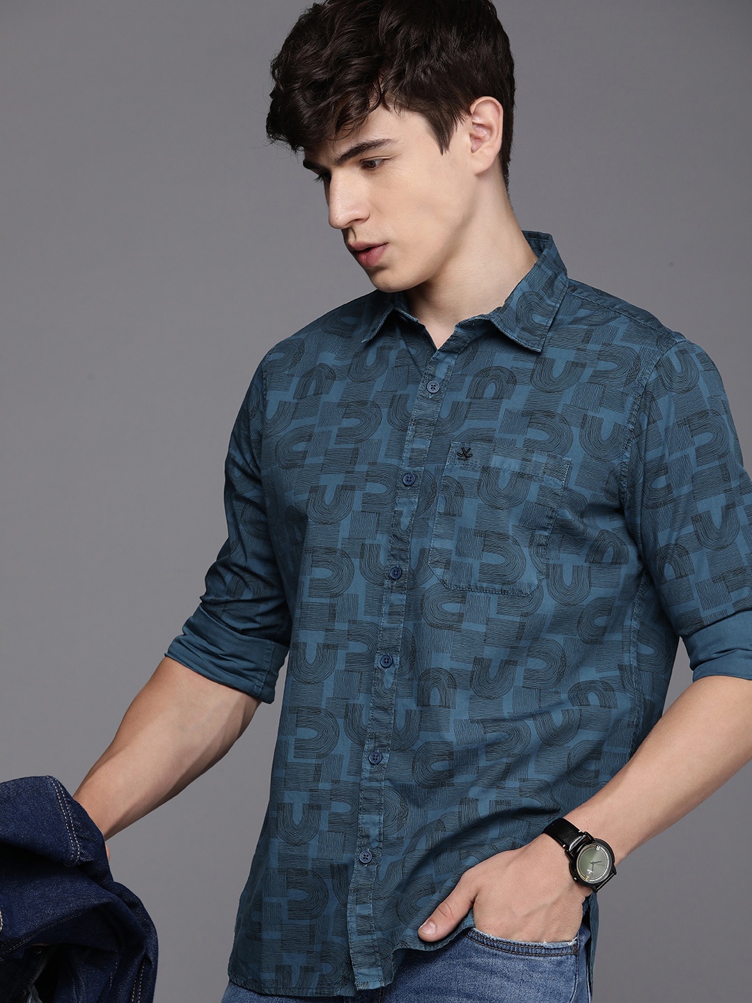 

WROGN Pure Cotton Slim Fit Printed Casual Shirt, Blue