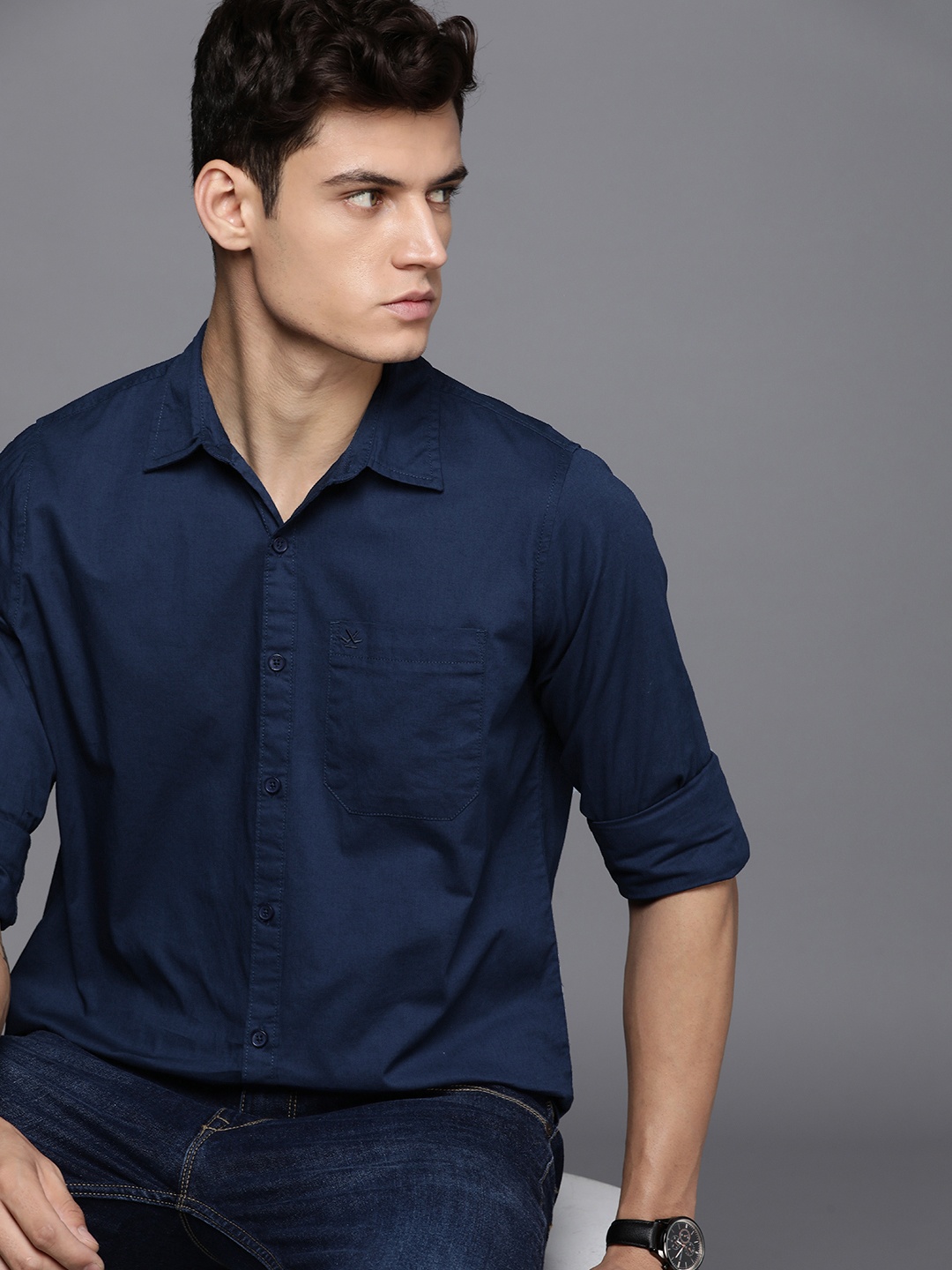 

WROGN Men Pure Cotton Slim Fit Opaque Casual Shirt, Navy blue