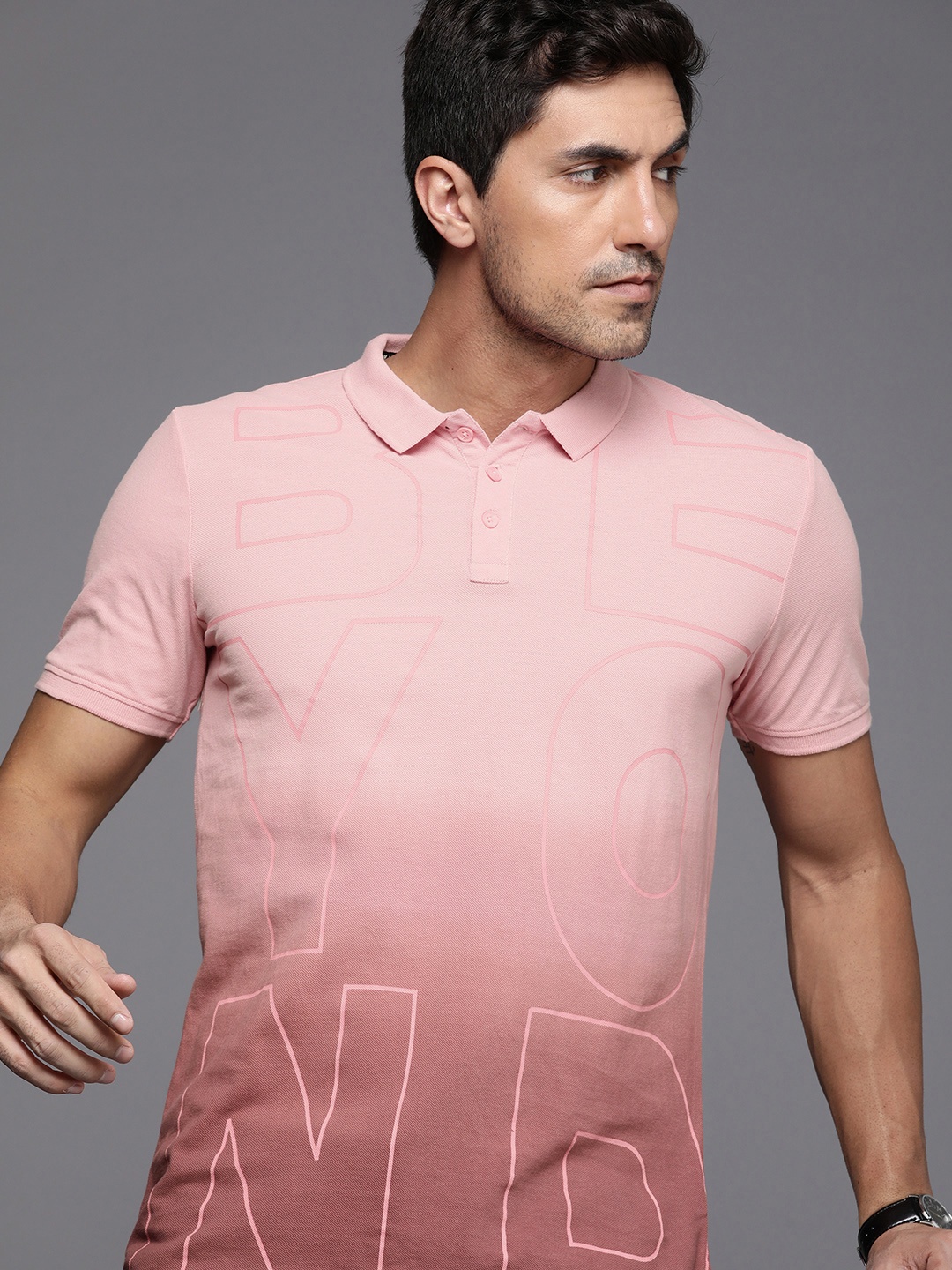 

WROGN Typography Printed Ombre Effect Polo Collar Pure Cotton Slim Fit T-shirt, Pink