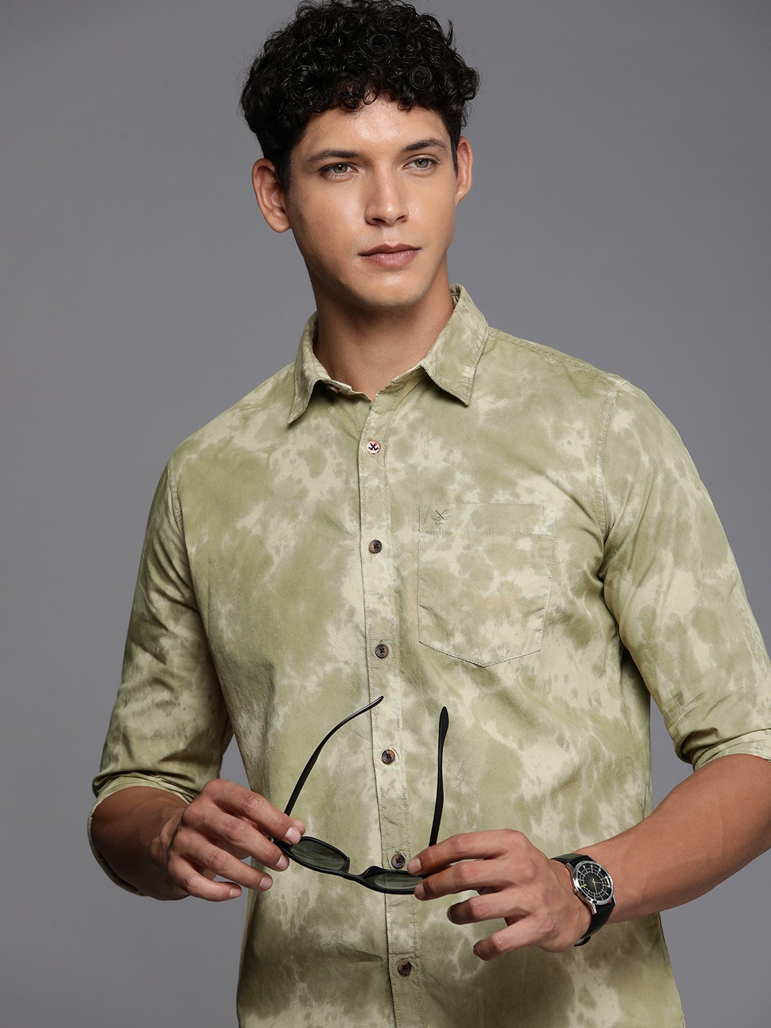 

WROGN Slim Fit Tie & Dye Printed Pure Cotton Casual Shirt, Olive