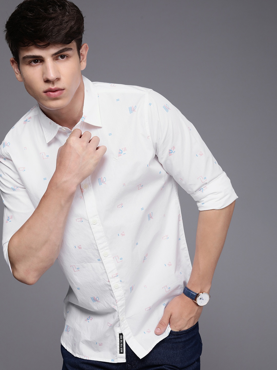

WROGN Slim Fit Geometric Printed Pure Cotton Casual Shirt, White