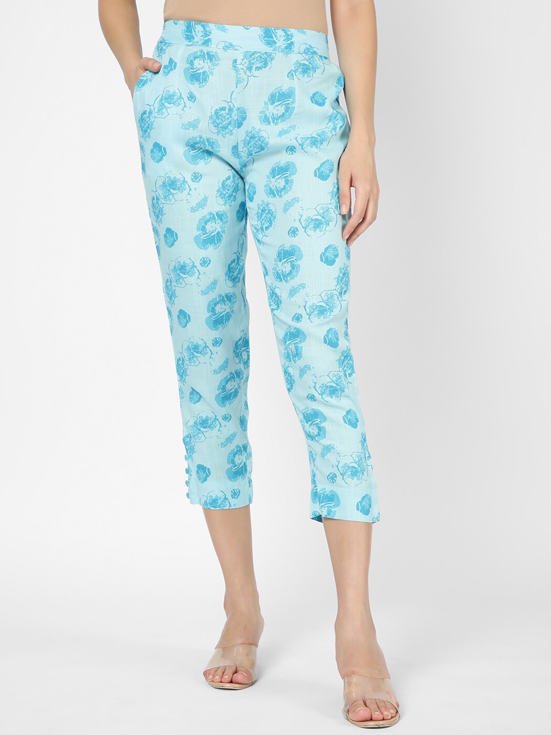 

R&B Women Mid-Rise Floral Printed Three-Fourth Trousers, Blue