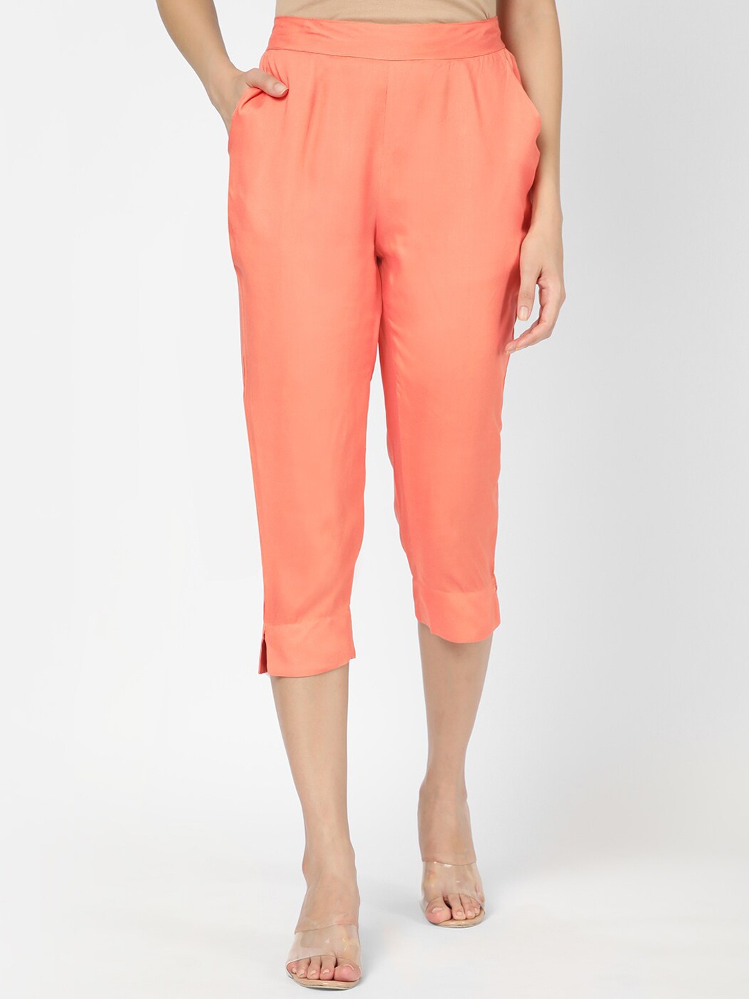 

R&B Women Mid-Rise Three-Fourth Trousers, Peach