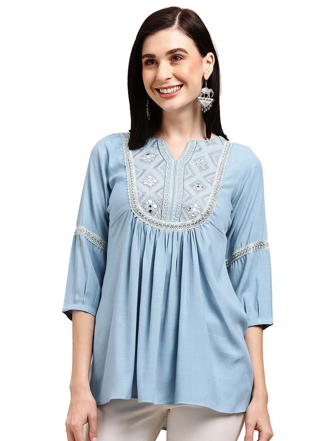 

Nimayaa Embroidered Notch Neck Long A-line Top, Blue