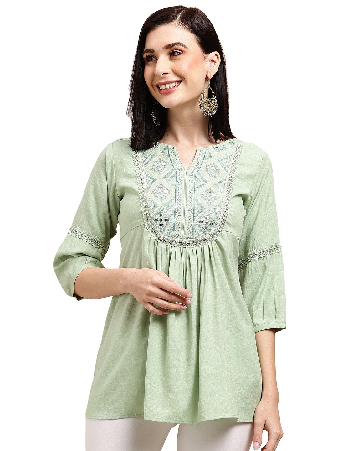 

Nimayaa Embroidered Notch Neck Long A-line Top, Green