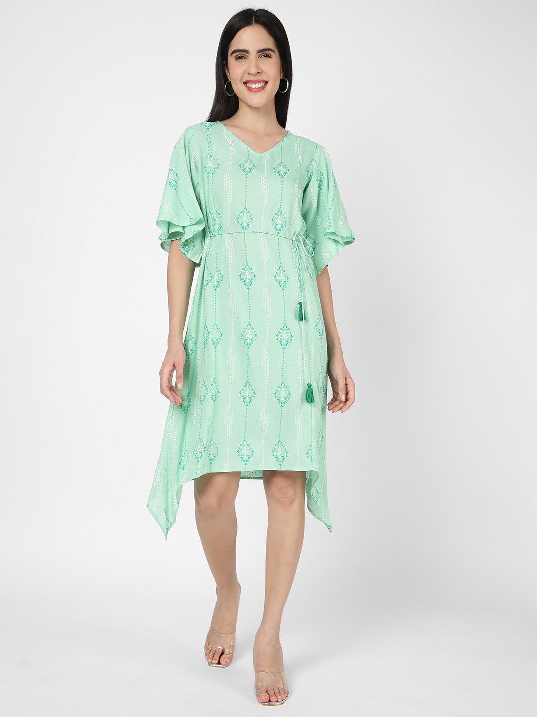 

R&B Ethnic Motifs Printed A-Line Midi Dress, Green