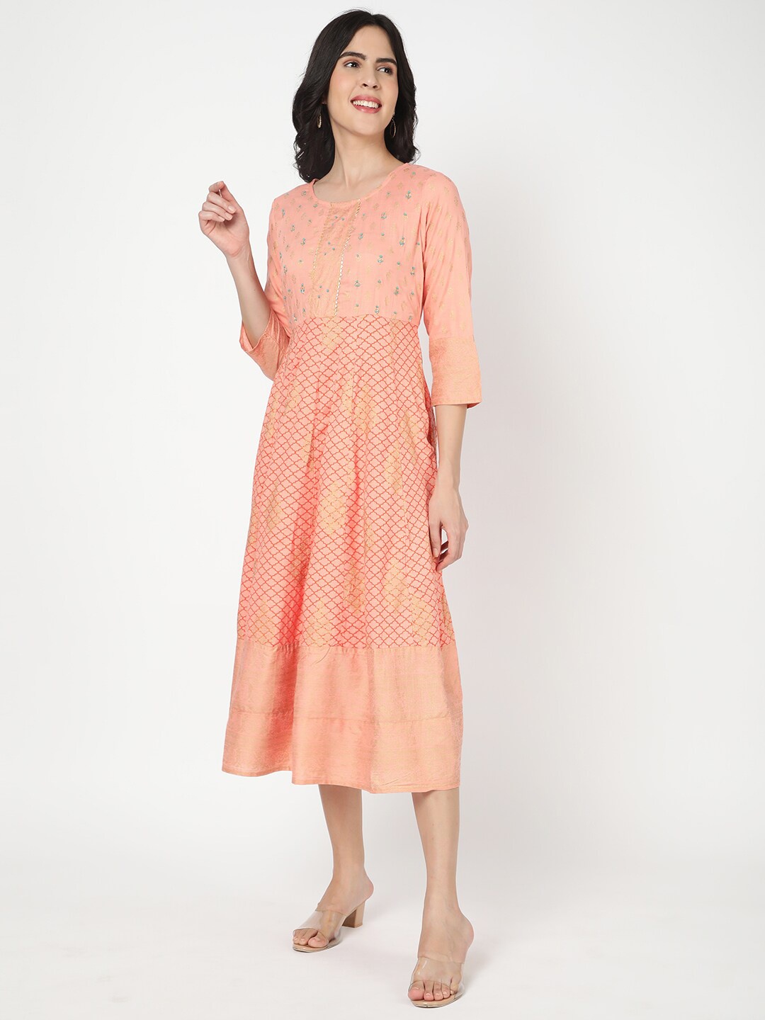 

R&B Ethnic Motifs Printed Fit & Flare Midi Dress, Peach