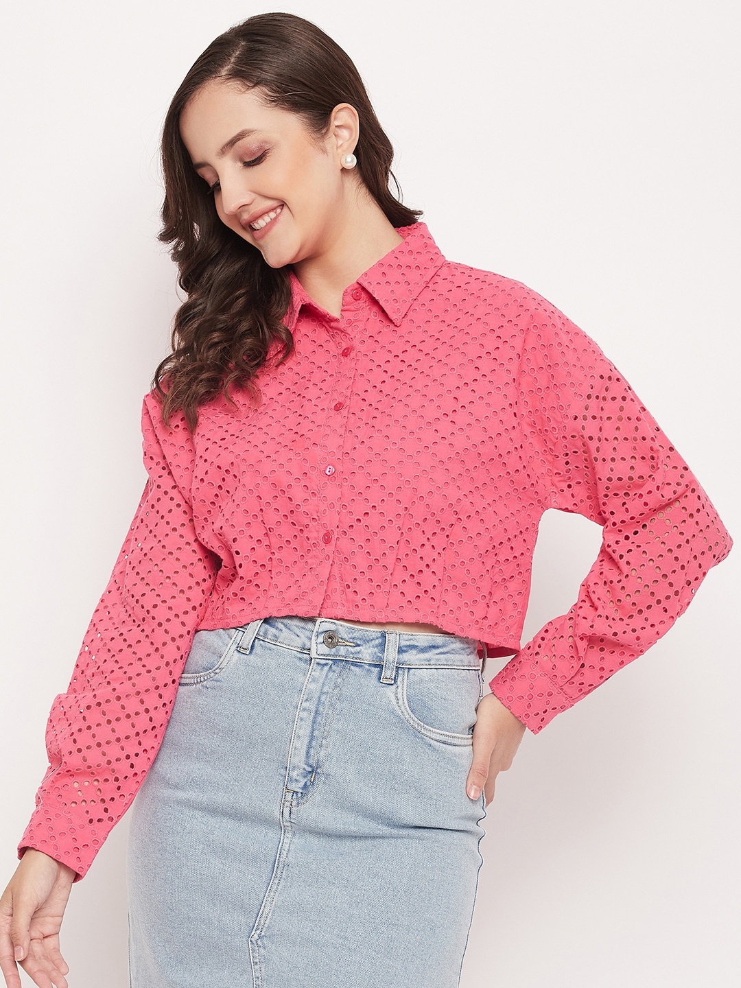 

Madame Women Pink Opaque Printed Casual Shirt