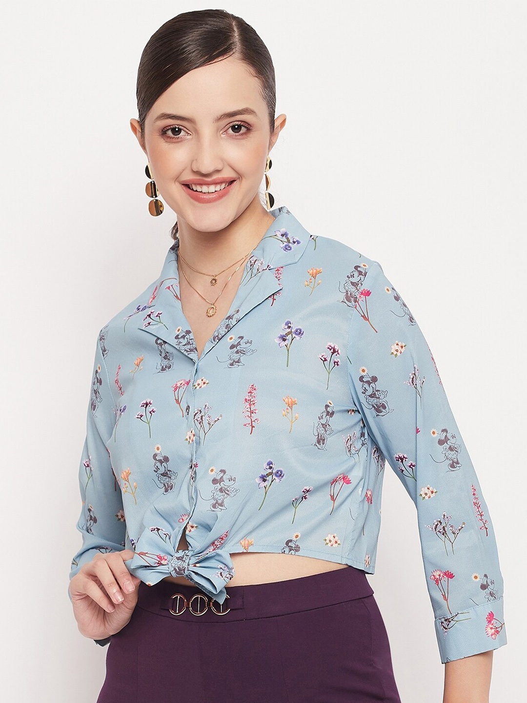 

Madame Floral Printed Cuban Collar Waist Tie-Up Shirt Style Crop Top, Blue