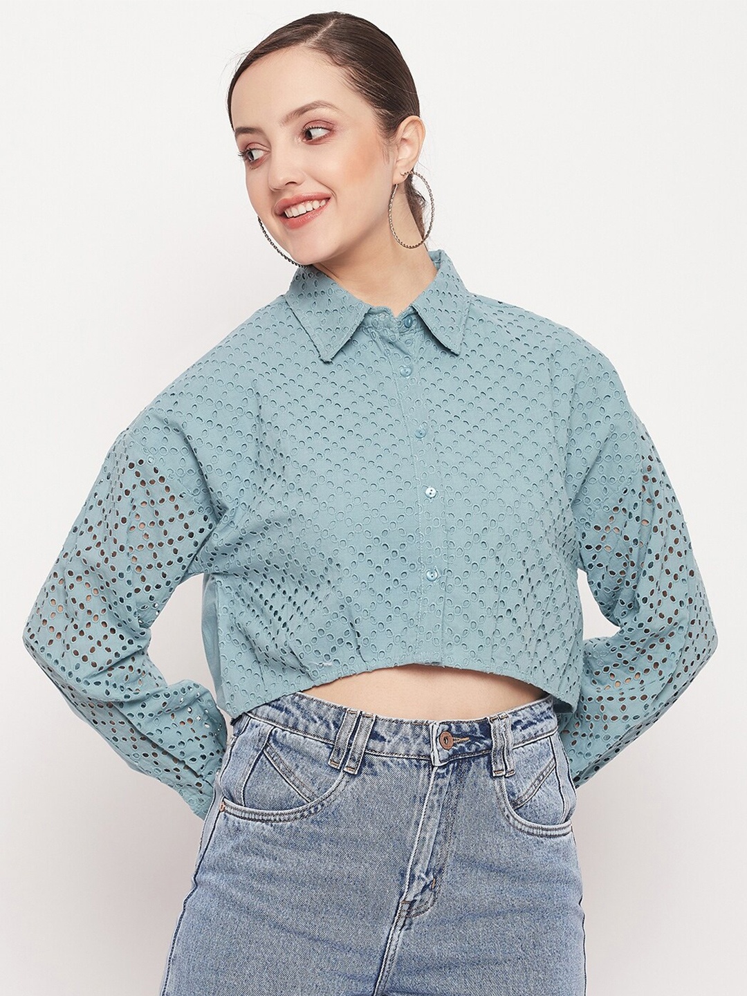 

Madame Shirt Collar Schiffili Shirt Style Crop Top, Green