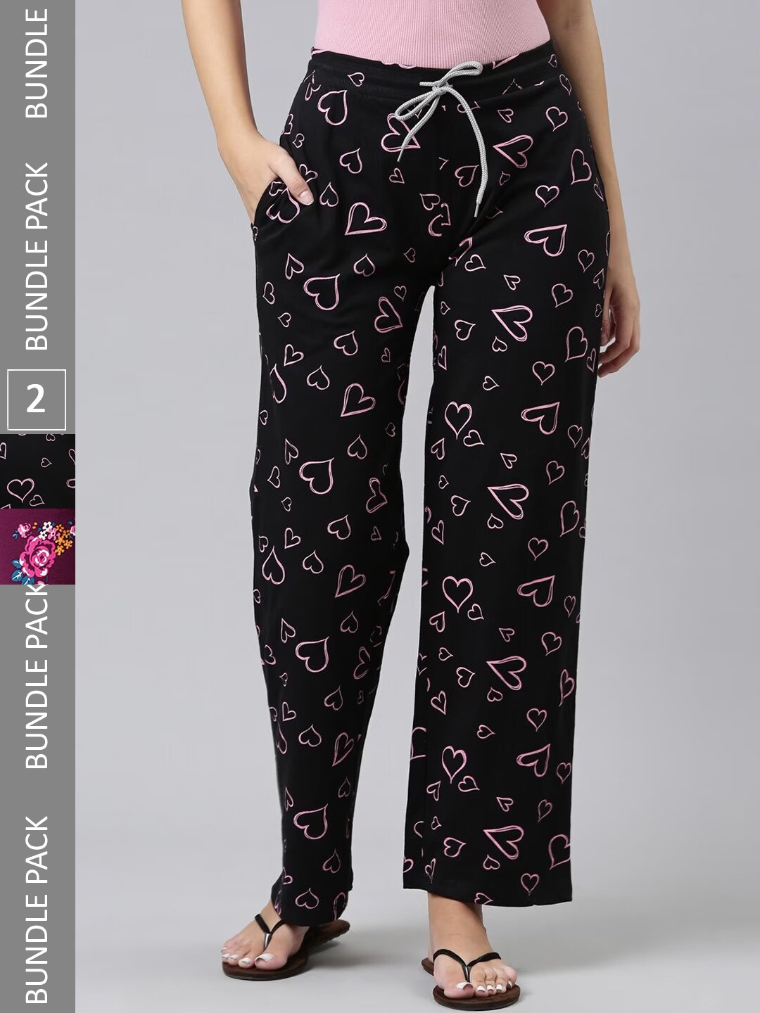 

Kryptic Women Pack of 2 Printed Pure Cotton Lounge Pants, Black