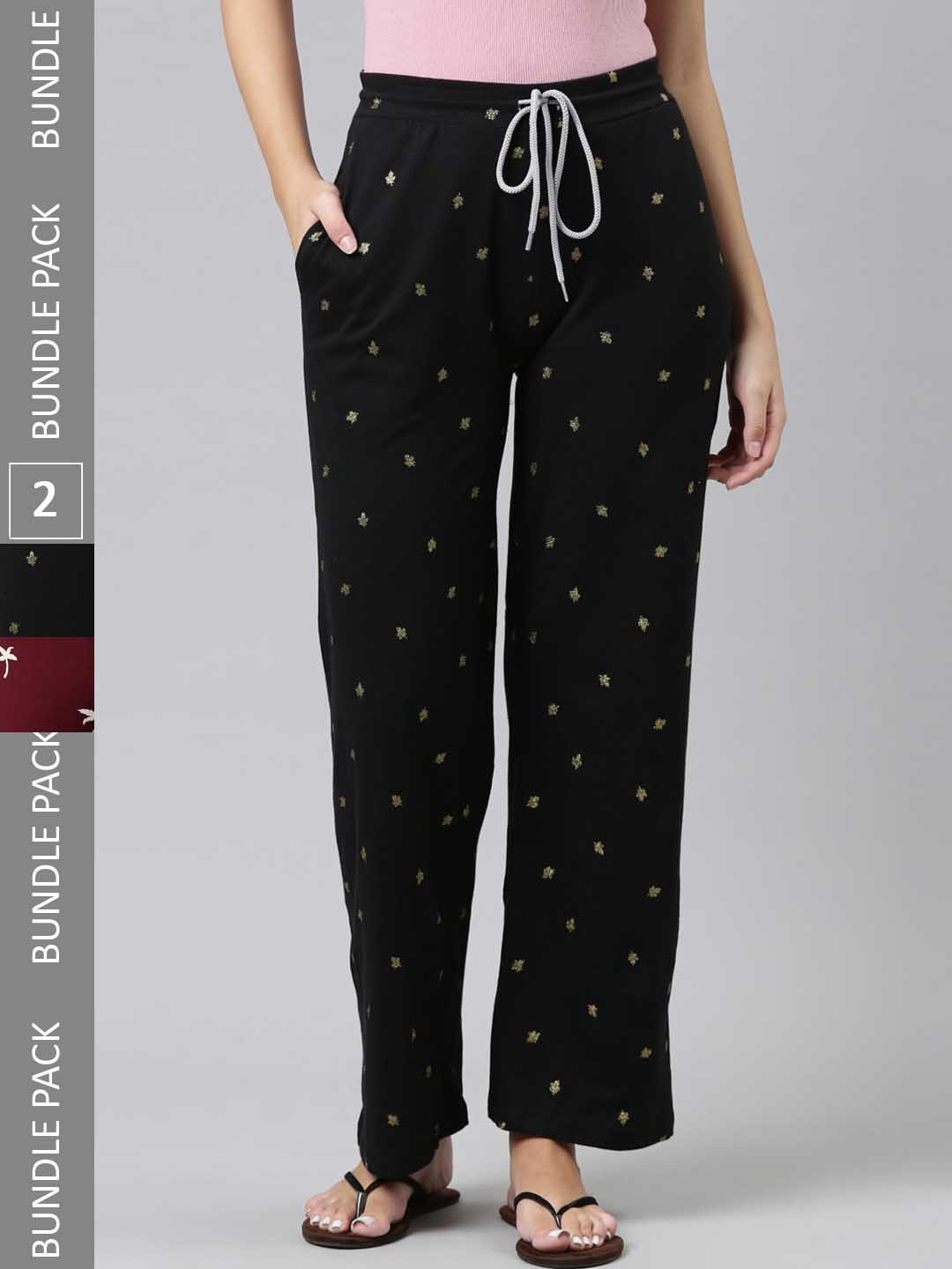 

Kryptic Women Pack of 2 Printed Pure Cotton Lounge Pants, Black