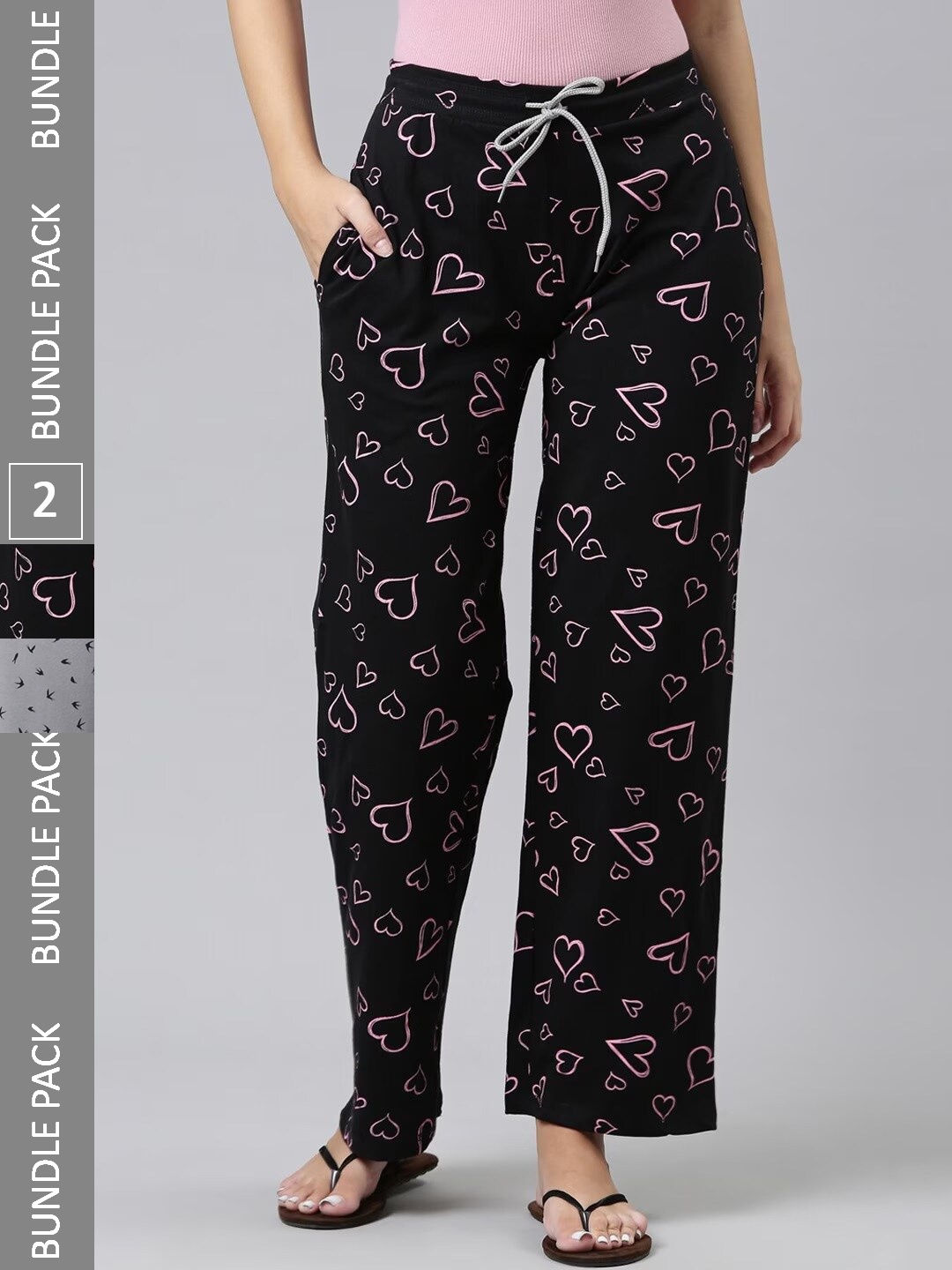 

Kryptic Women Pack of 2 Printed Pure Cotton Lounge Pants, Black