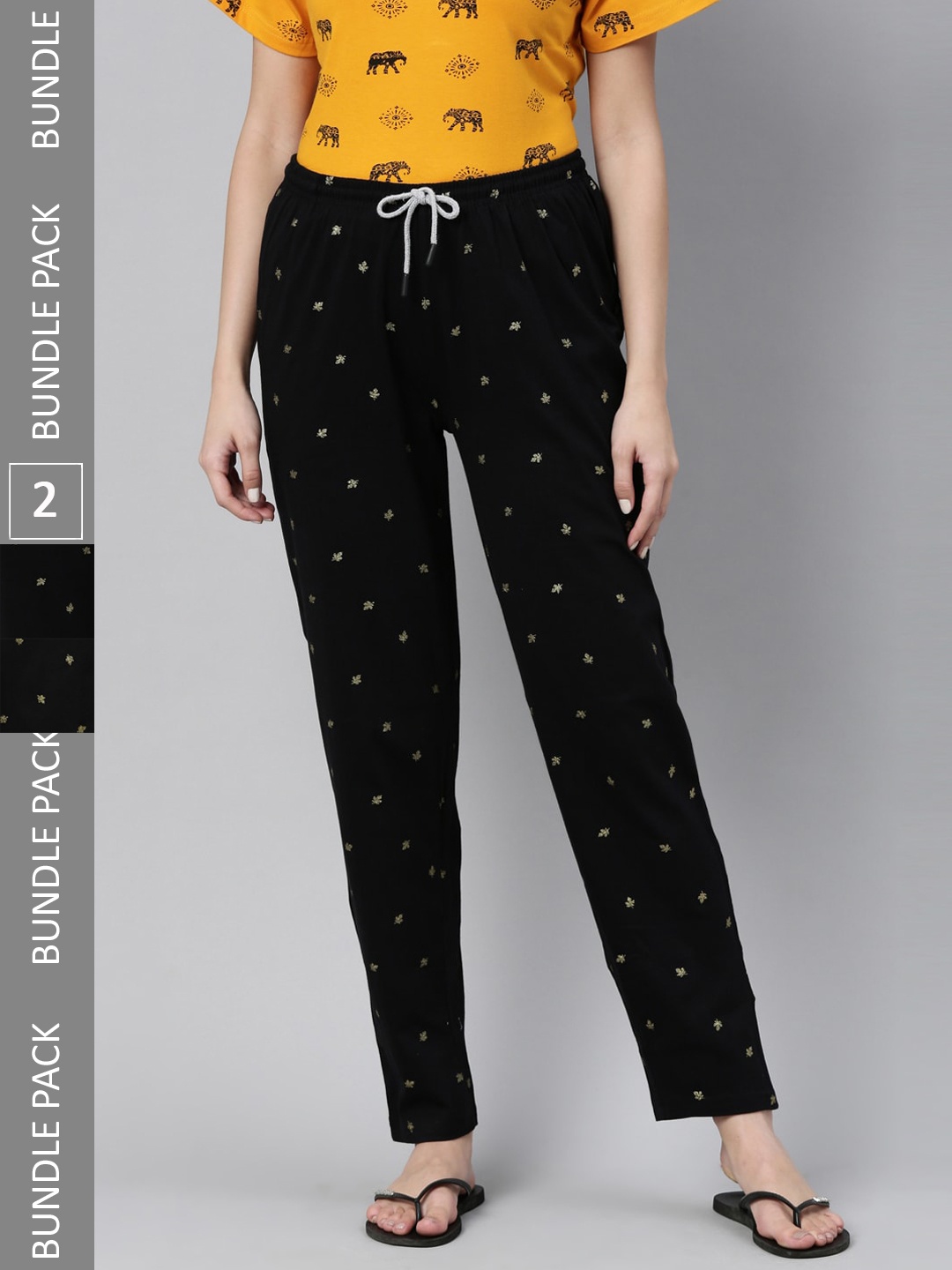 

Kryptic Women Pack of 2 Printed Pure Cotton Lounge Pants, Black
