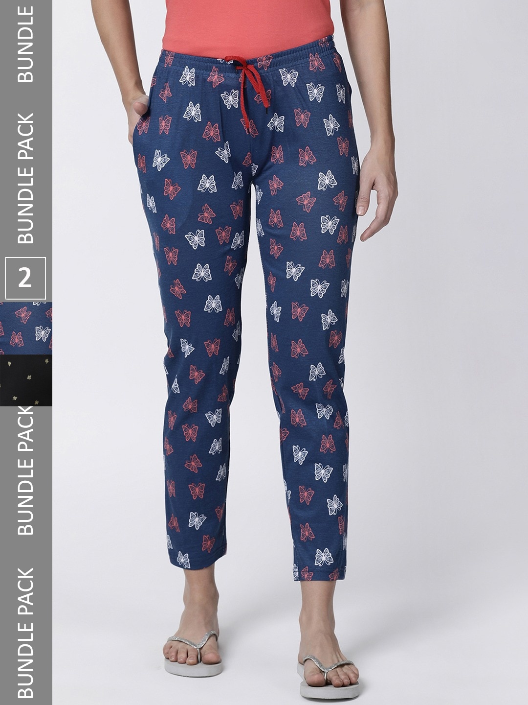 

Kryptic Women Pack of 2 Printed Pure Cotton Lounge Pants, Black