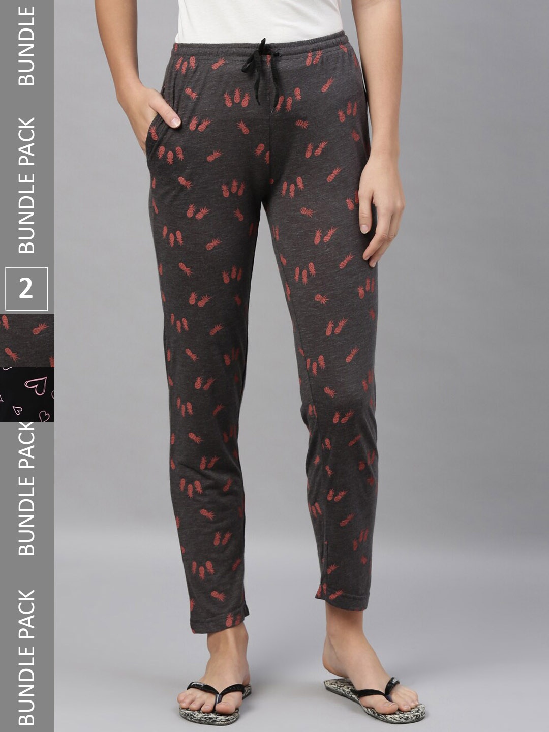 

Kryptic Women Pack of 2 Printed Pure Cotton Lounge Pants, Black