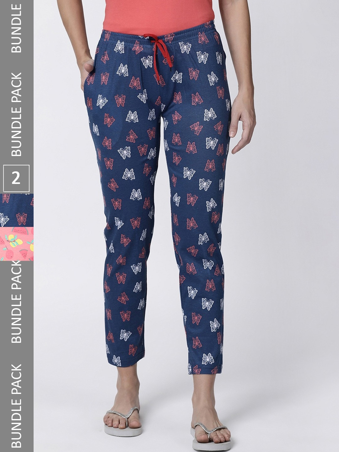 

Kryptic Women Pack of 2 Printed Pure Cotton Lounge Pants, Peach