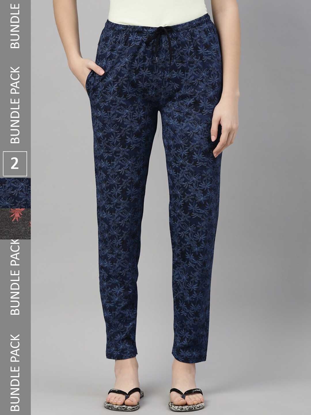 

Kryptic Women Pack of 2 Printed Pure Cotton Lounge Pants, Blue