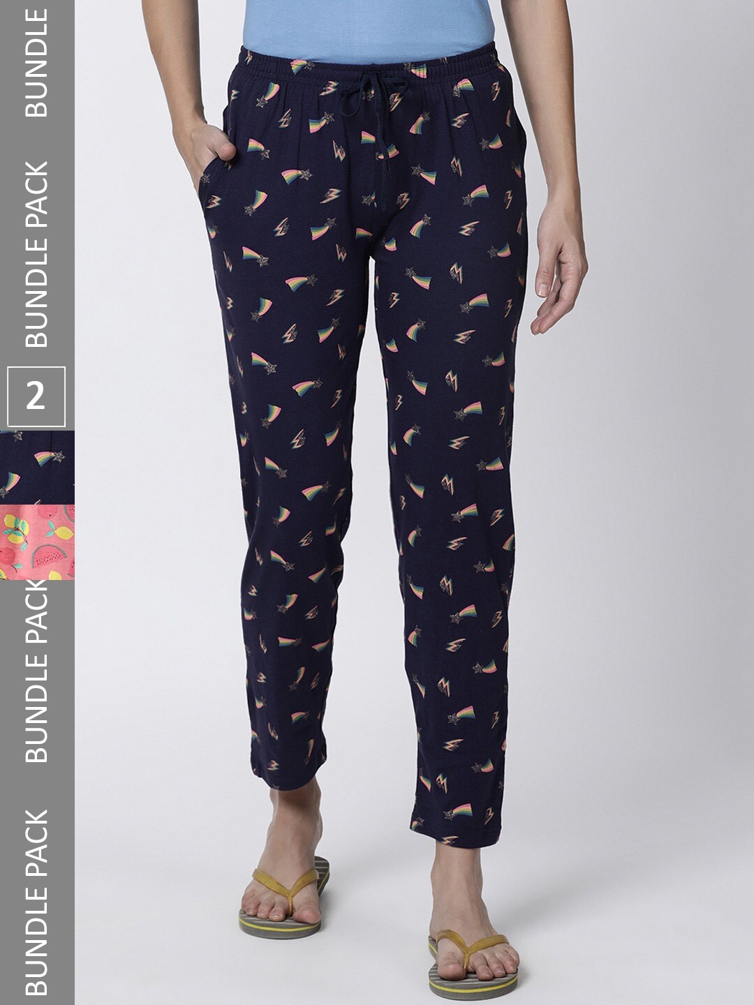 

Kryptic Women Pack of 2 Printed Pure Cotton Lounge Pants, Peach