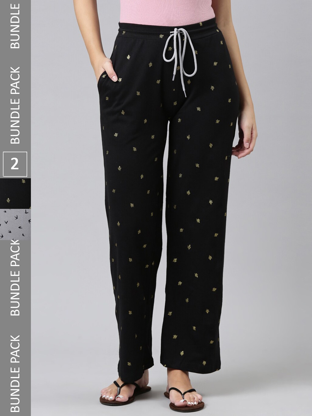 

Kryptic Women Pack of 2 Printed Pure Cotton Lounge Pants, Black