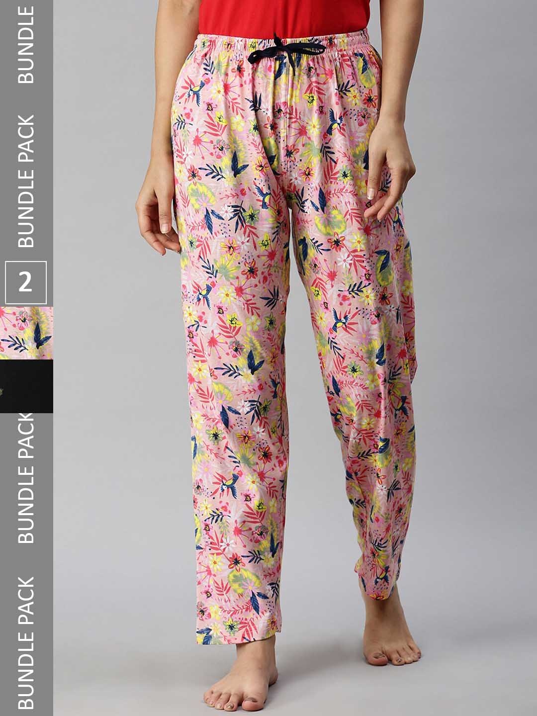 

Kryptic Women Pack Of 2 Printed Pure Cotton Lounge Pants, Black
