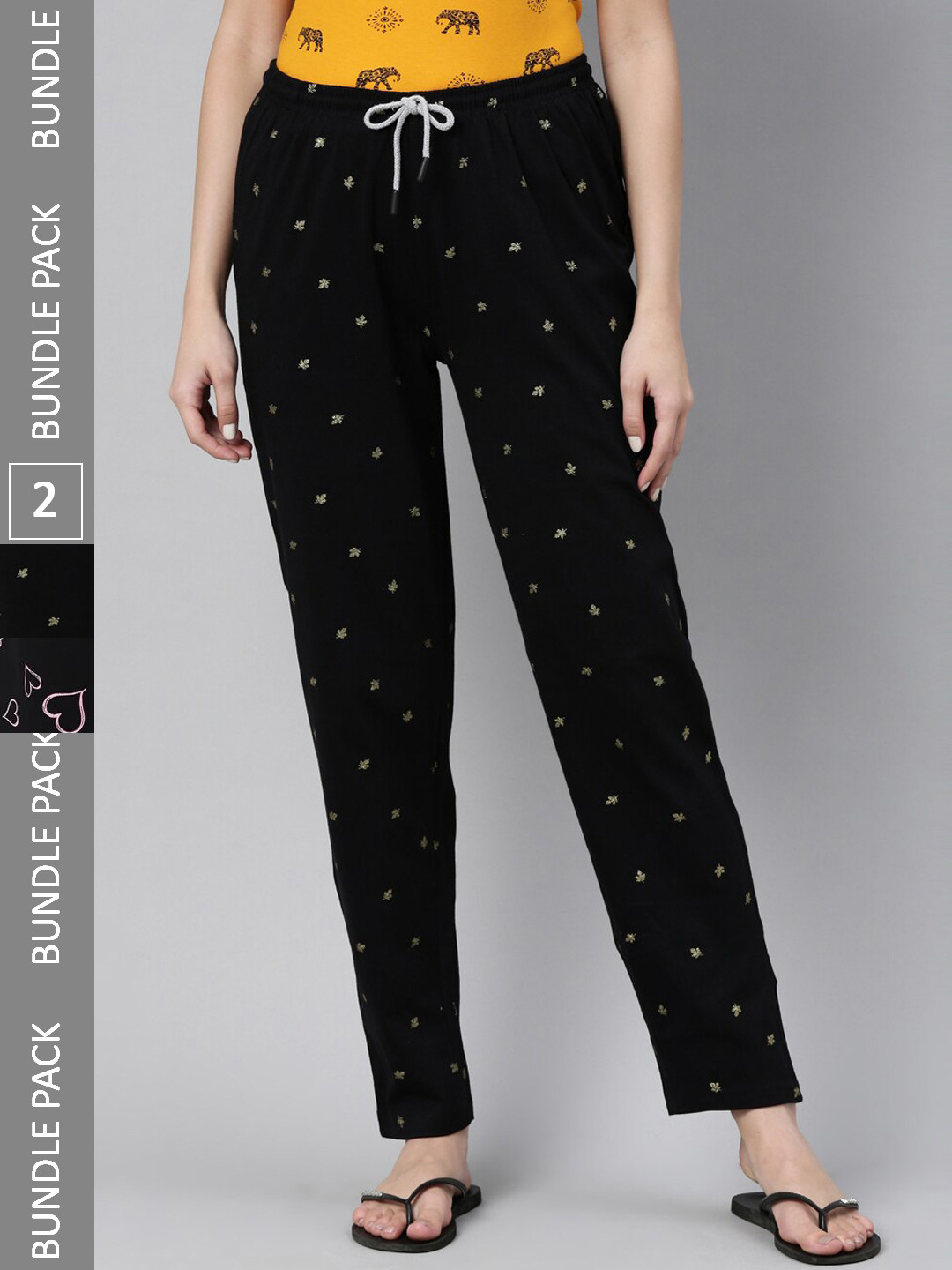 

Kryptic Women Pack Of 2 Printed Pure Cotton Lounge Pants, Black