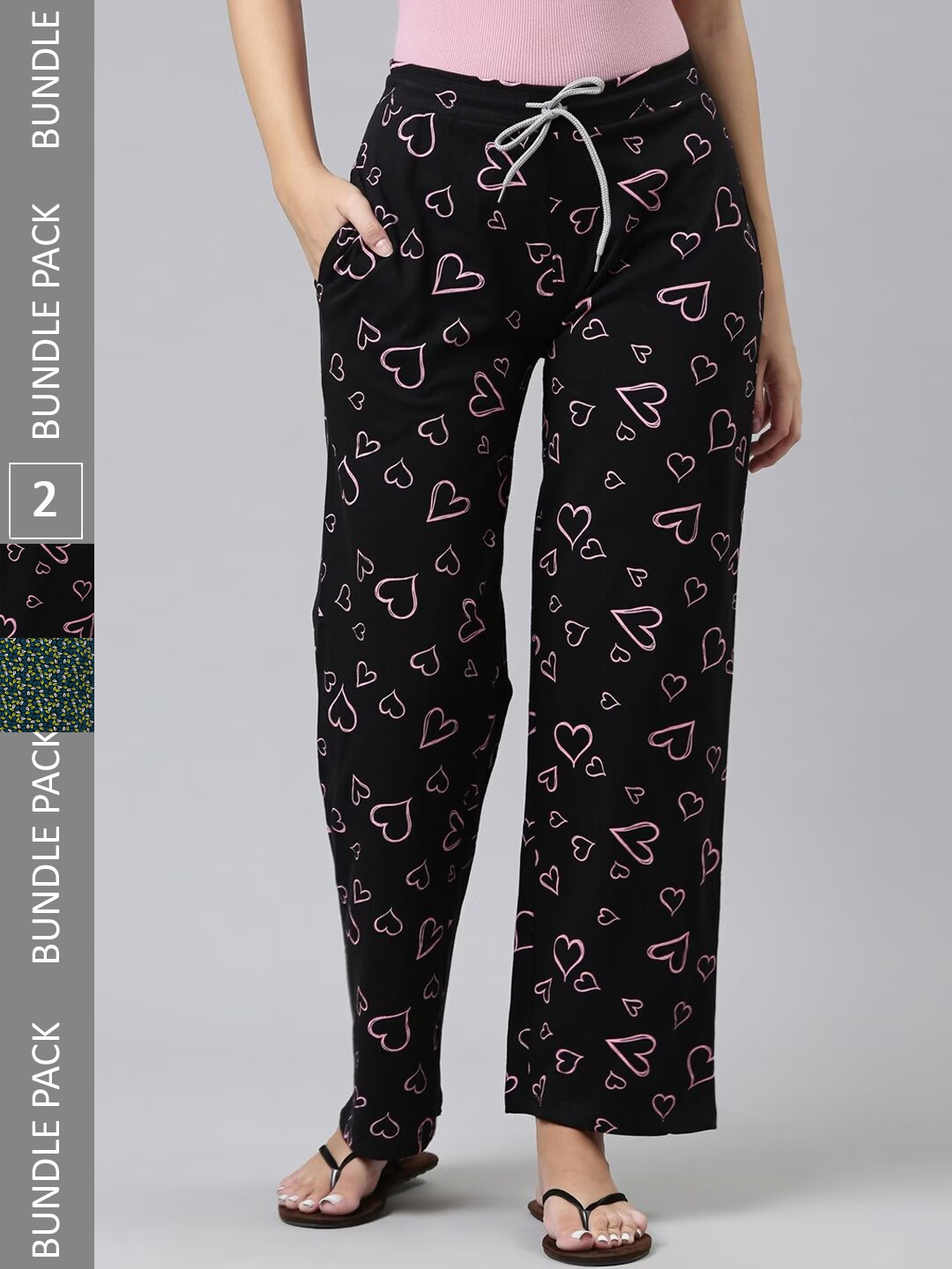 

Kryptic Women Pack Of 2 Printed Pure Cotton Lounge Pants, Black