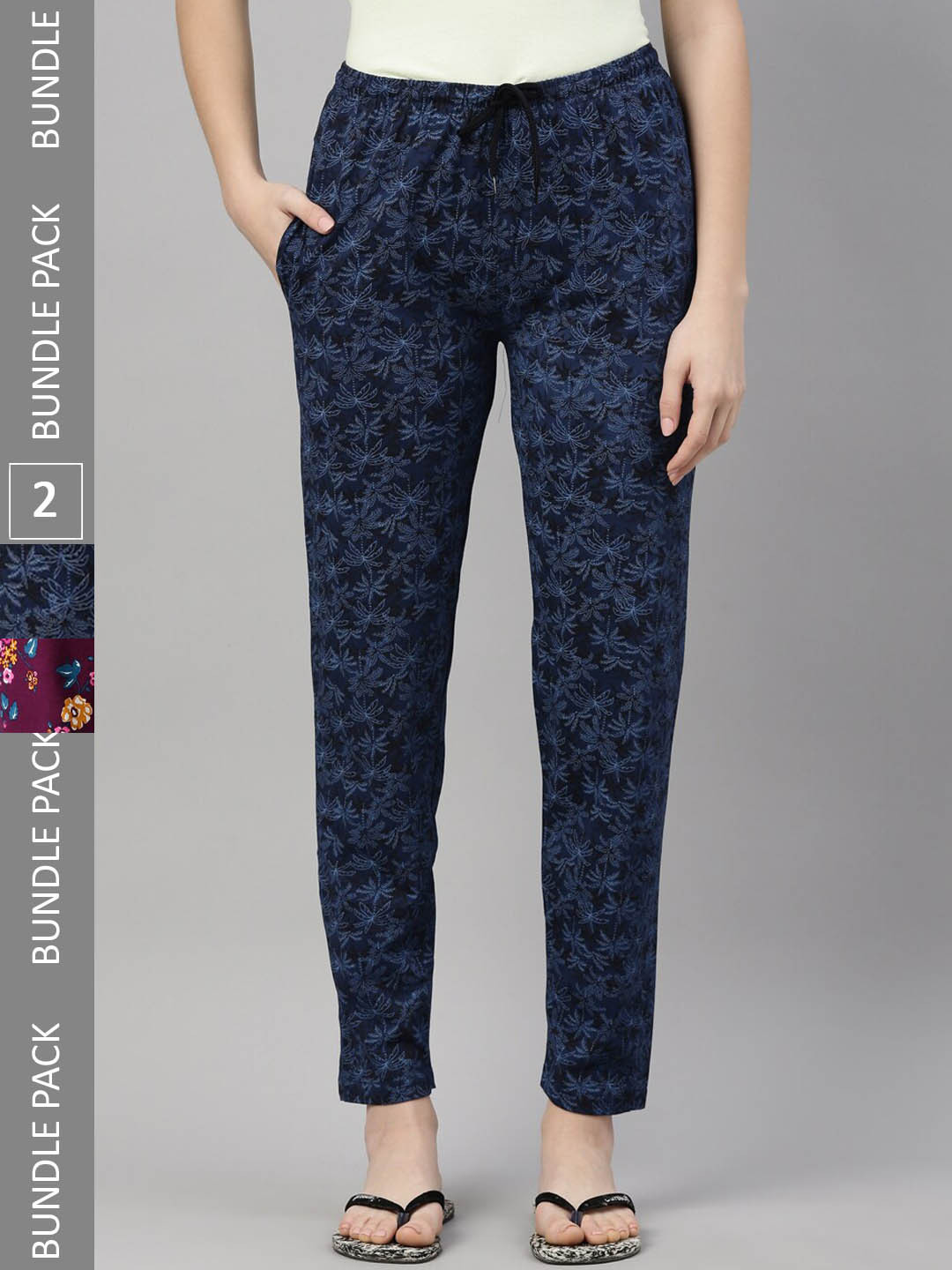

Kryptic Women Pack Of 2 Printed Pure Cotton Lounge Pants, Blue