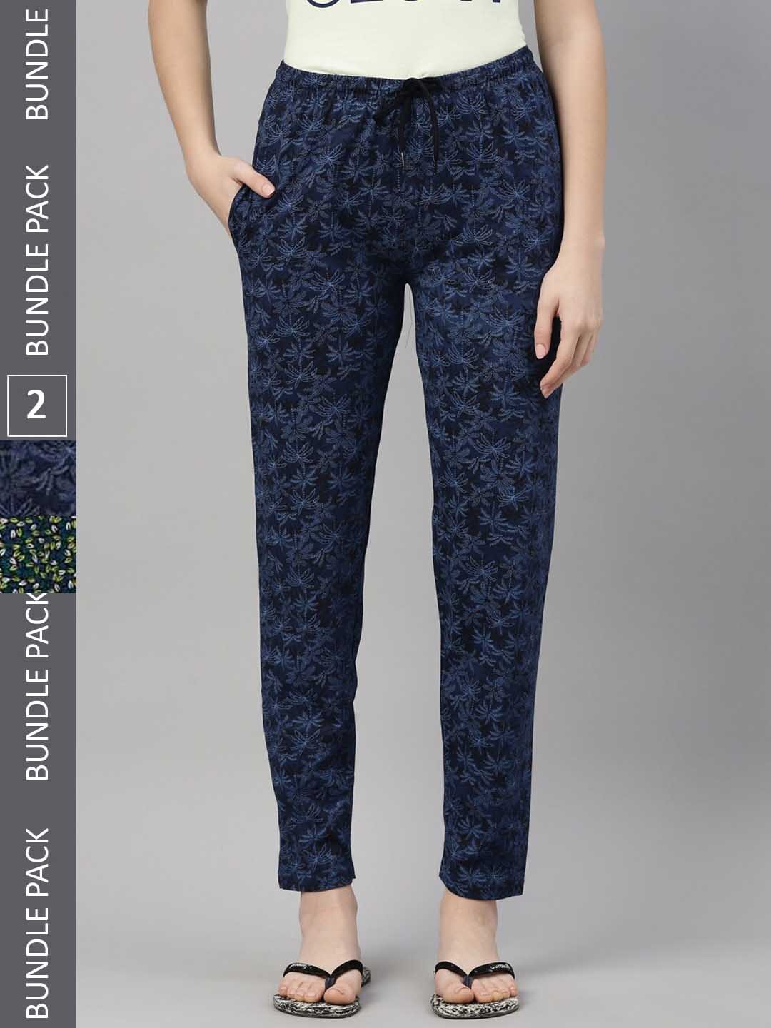 

Kryptic Women Pack Of 2 Printed Pure Cotton Lounge Pants, Blue
