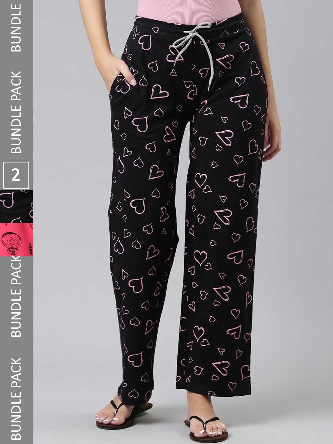 

Kryptic Women Pack Of 2 Printed Pure Cotton Lounge Pants, Black