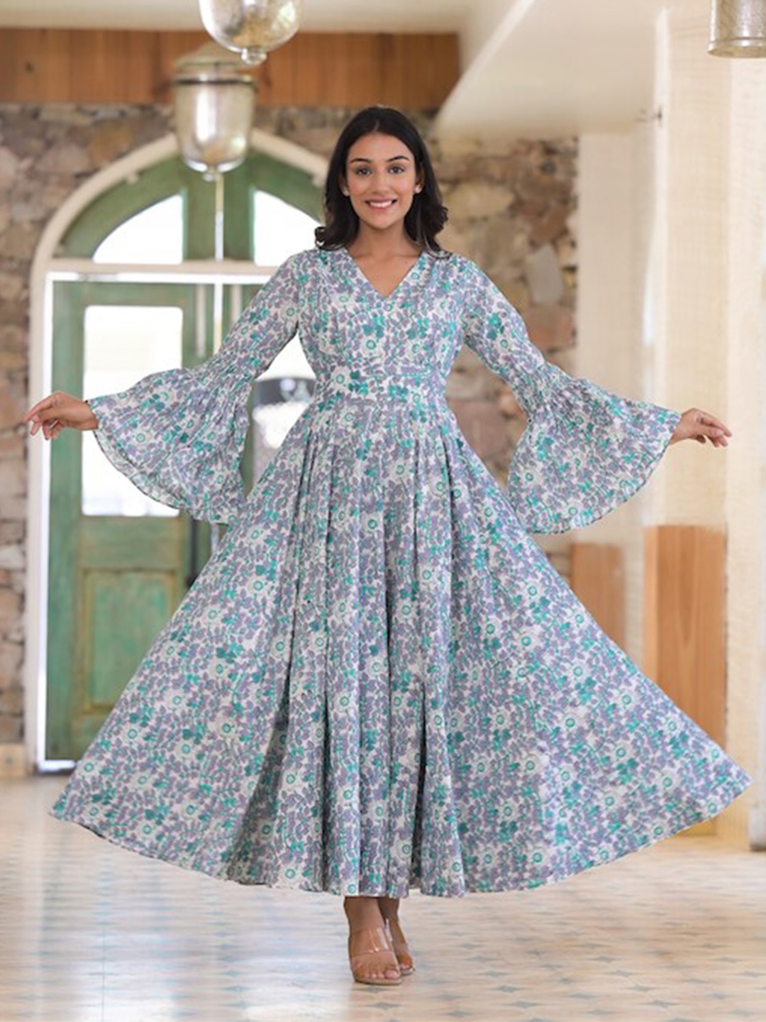 

Hatheli Floral Printed Bell Sleeves Cotton Fit & Flare Maxi Dress, White