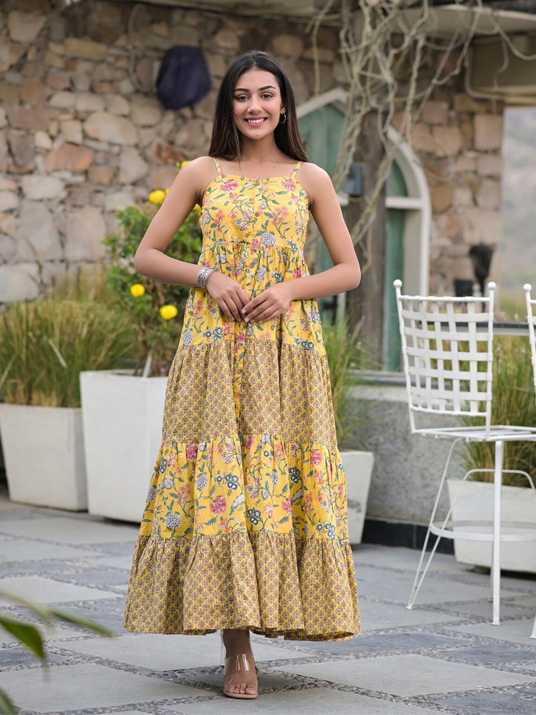 

Hatheli Floral Printed Shoulder Straps Cotton Maxi Dress, Yellow