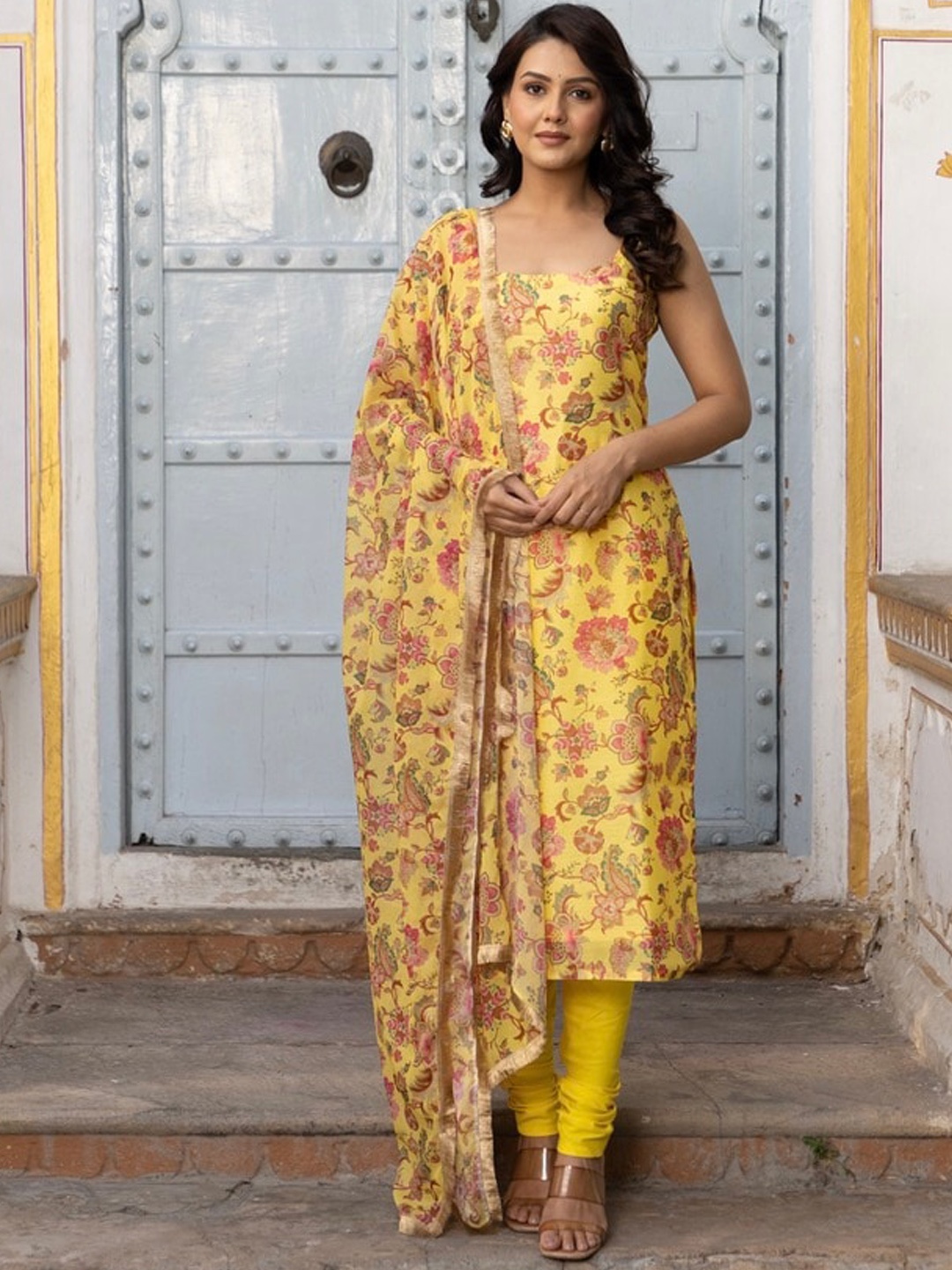 

OneWe Floral Printed Chanderi Silk Kurta with Churidar & Dupatta, Yellow