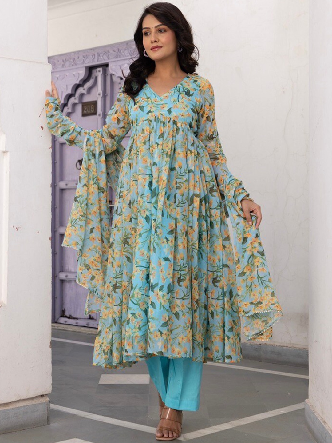 

OneWe Floral Printed Anarkali Silk Chiffon Kurta with Trousers & Dupatta, Turquoise blue