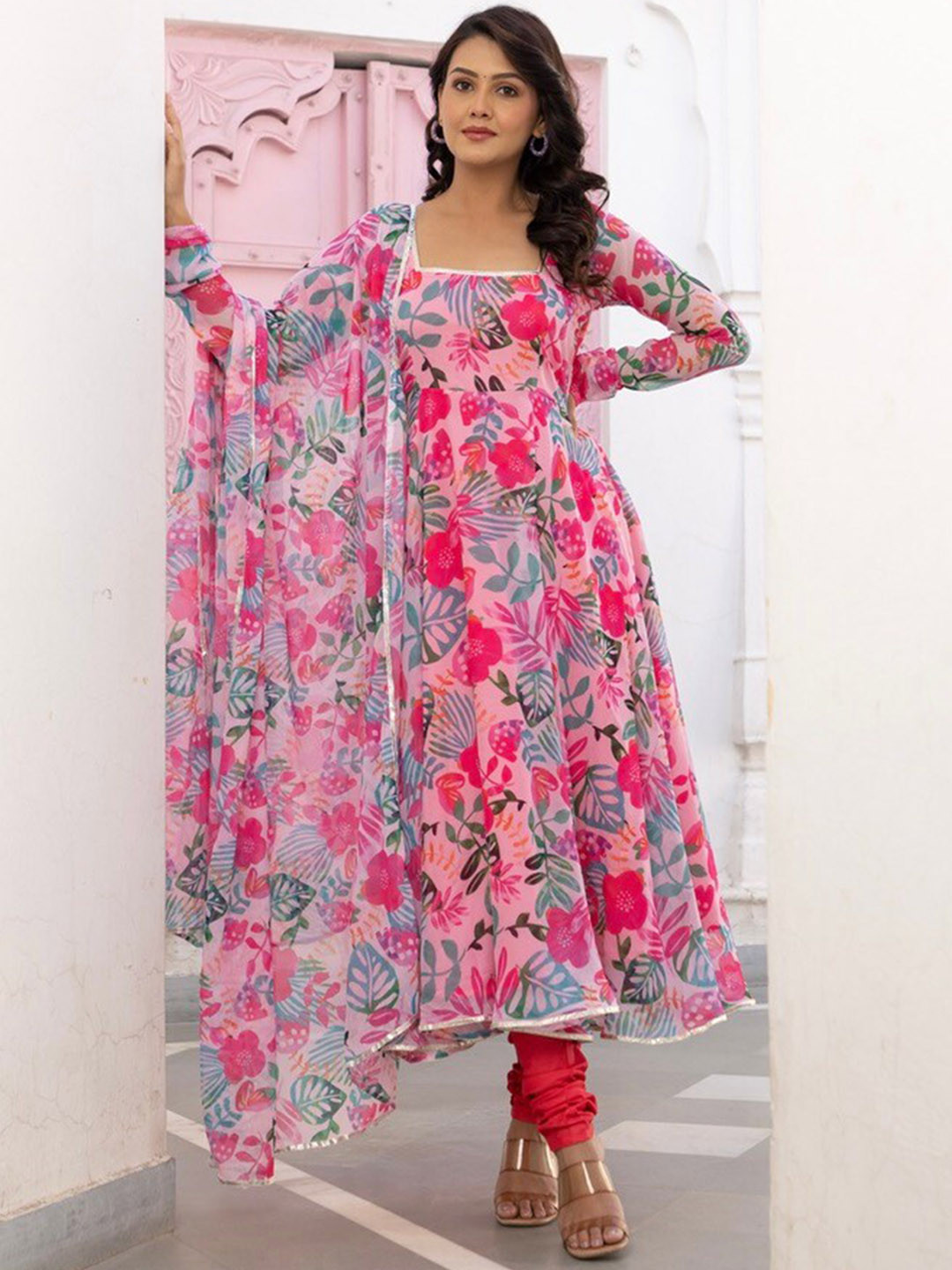 

OneWe Floral Printed Gotta Patti Anarkali Silk Chiffon Kurta with Churidar & Dupatta, Pink