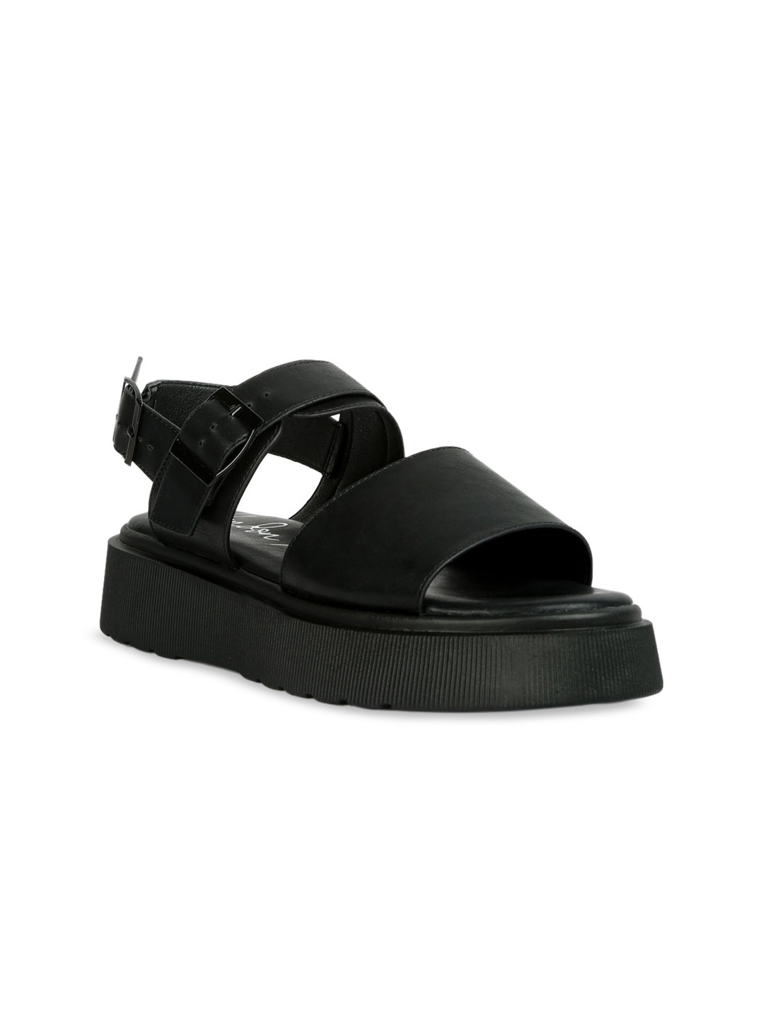 

London Rag Open Toe Flatform Heels With Buckle Detail, Black